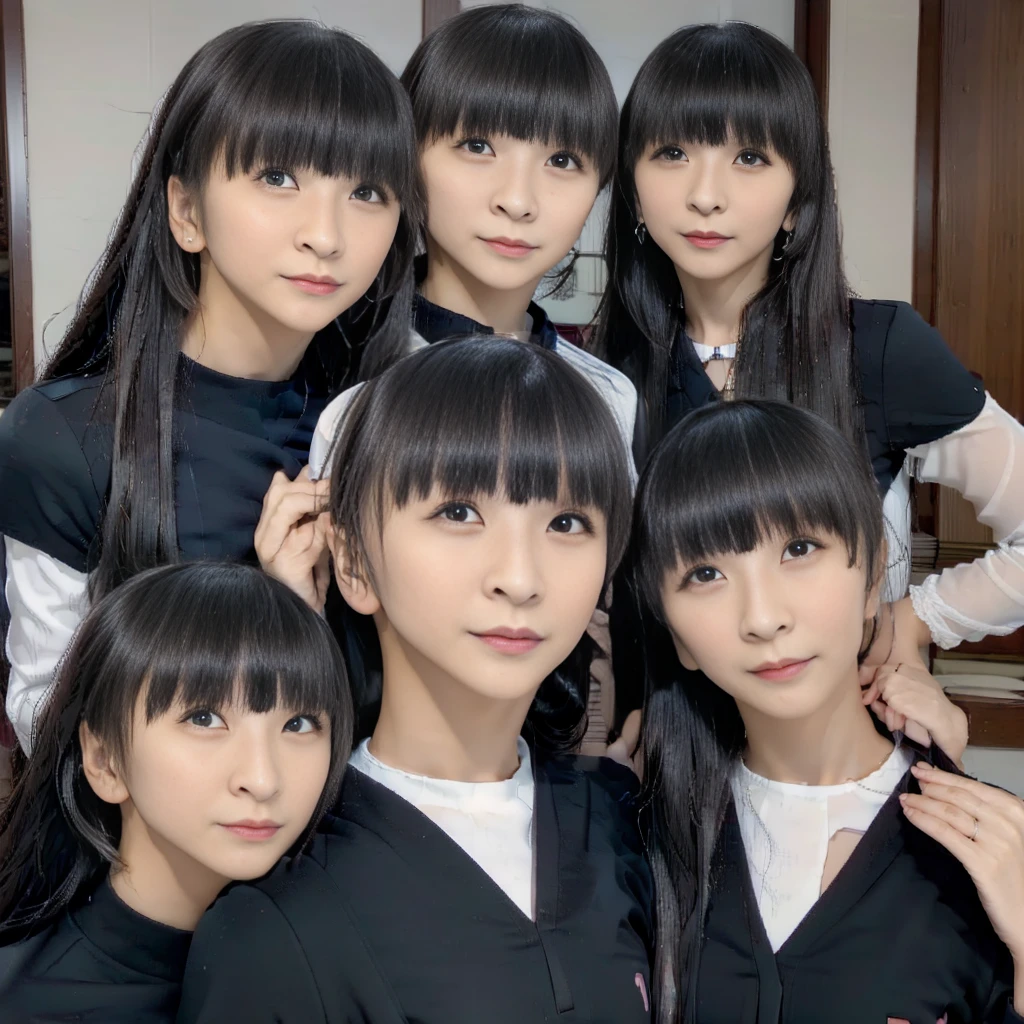 Raw photo、(((multiple girls))),((((6+girls)))),((((100girls)))),(((1000girls)))、((((100 Girls))))、Women only、The same face、matching school uniform、12 years old、Long black hair、100 cute girls going to school、a smile、Commuting to school、School route、In the street、selfee、same person、(((Large group)))、a junior high school student