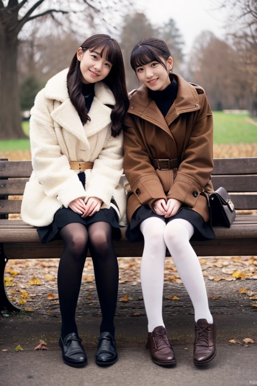 Two beautiful girls wearing down jackets、years、Knitted skirt、knit tights、Sit on a park bench、