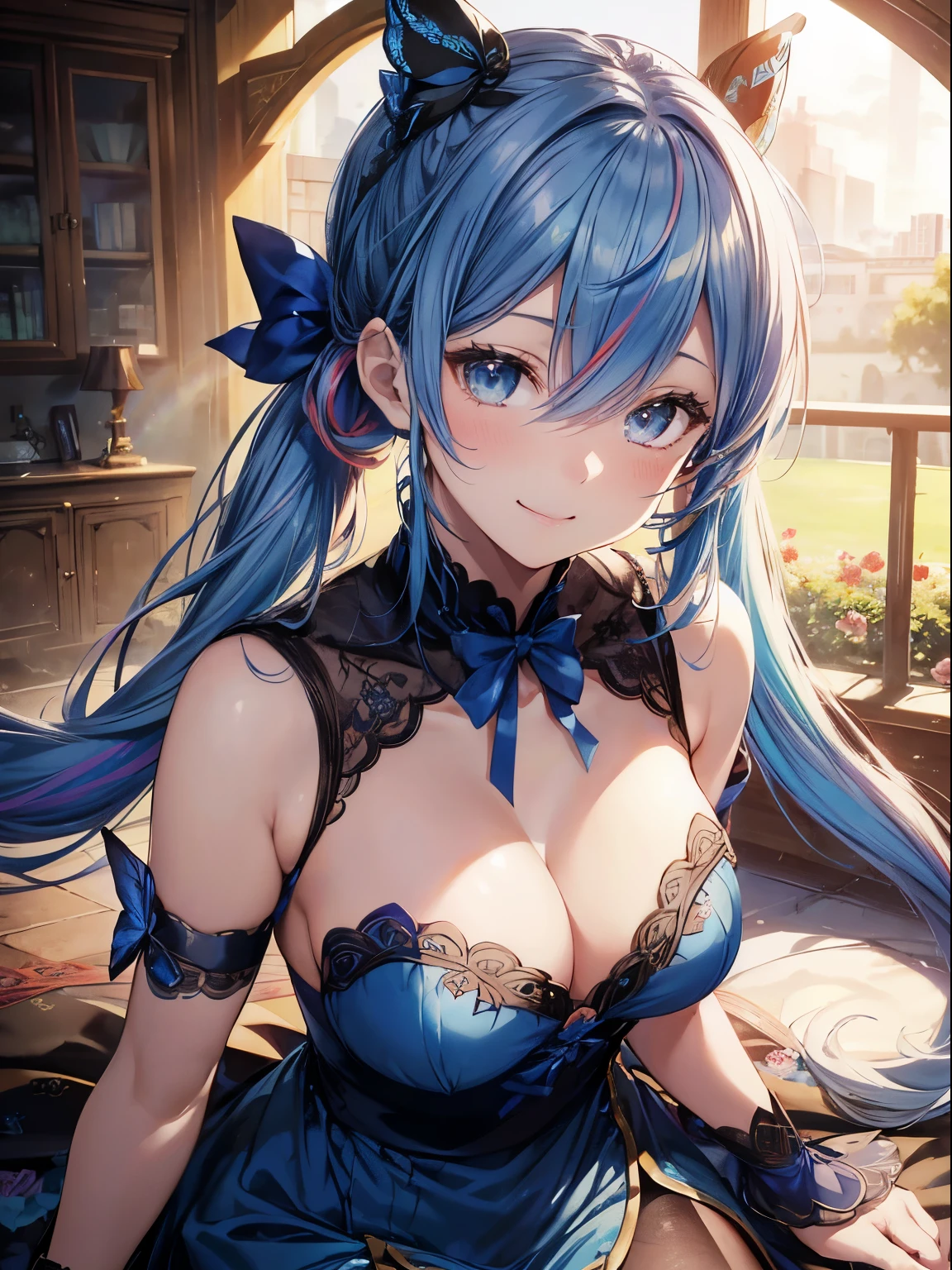 Blue Rose、Rose garden、(masutepiece:1.3), (8K, Photorealistic, Raw photo, Best Quality: 1.4), Beautiful face, (Realistic face), Beautiful detailed eyes, (Realistic skin), Attractive, Intricate details,Golden ratio, 1 girl,Naughty smile, (rainbow hair:1.4),((Long twintails,Ribbon 1.4)),Blue dress through butterfly hair ornament 1.3),Dynamic Pose,Dynamic Angle,Intricate details, Hyper realistic、A smile、Smiling、Face enhancement、Deitiesの光、Deities、Heaven、rainbows