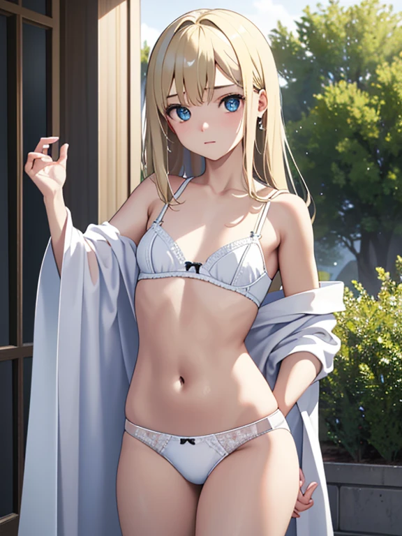 (Realism:1.4)、(masterpiece、Sidi Light、Exquisite beautiful eyes:1.2)、masterpiece*portlate、3D顔、glaring eyes、Lustrous hair、shinny skin、Has a small、独奏、wet underwear、upper abdominals、(White underwear)、(small tits),blonde hair、wet underwear
