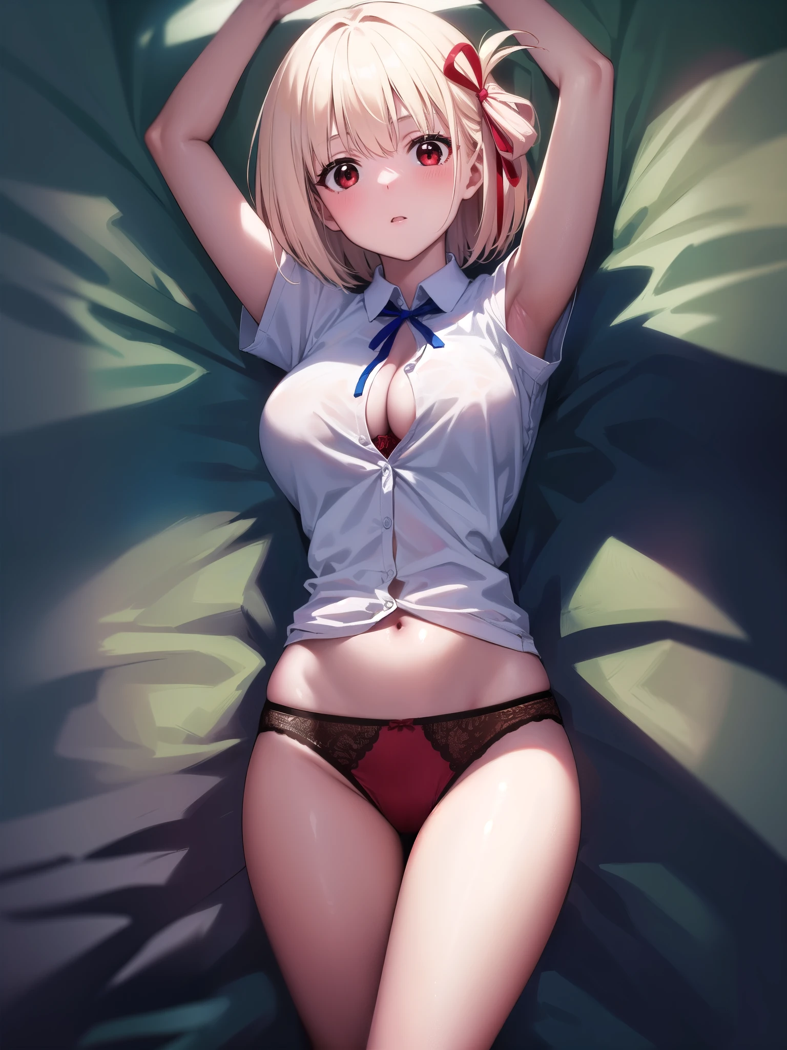 1girl, chisatonishikigi, nishikigi chisato, short hair, bangs, blonde hair, (red eyes:1.5), hair ribbon, one side up, bob cut, (blush;1.2),
BREAK Cleavage, In underwear, (red bra:1.2), (red panty:1.2), red underwear, Exposed skin, (lying on back:1.5), medium breasts, (arms up:1.5), (armpits), stretch your arms straight, (white shirt:1.5), (buttoned shirt:1.3), short sleeves, collared shirt, neck ribbon, (blue ribbon:1.2),
BREAK (on bed:1.3),
BREAK looking at viewer, (cowboy shot:1.5),
BREAK (masterpiece:1.2), best quality, high resolution, unity 8k wallpaper, (illustration:0.8), (beautiful detailed eyes:1.6), extremely detailed face, perfect lighting, extremely detailed CG, (perfect hands, perfect anatomy),