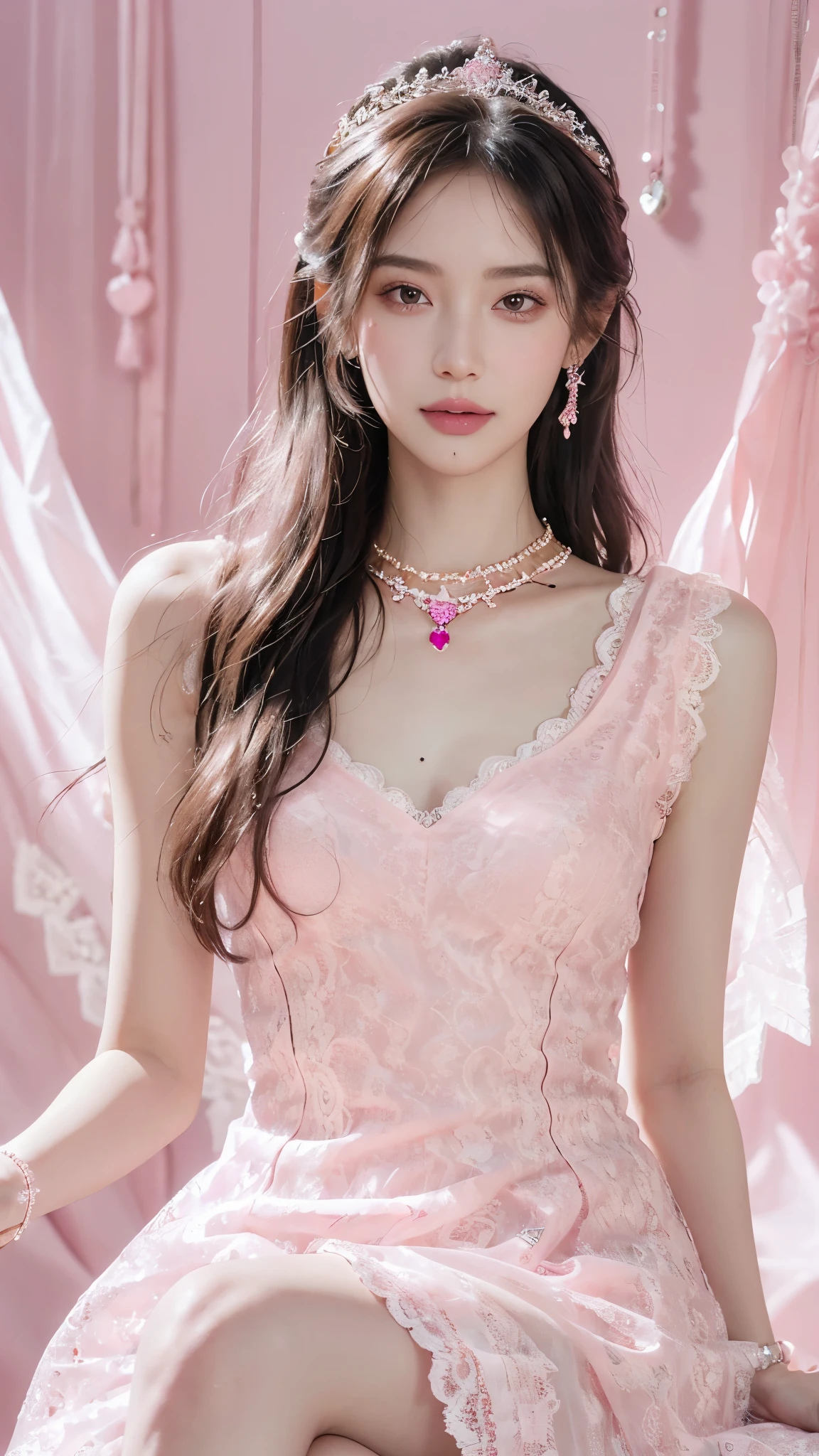 8k, masterpiece, 1 girl, beautiful face, white skin, very long hair, light makeup, detailed eyes, detailed lips, small breasts tight, realistic detailed, very detailed dress, princess dress, (pink dress), (wearing jewellery:1.5), (pink lace:1.4), ((stage background)), sitting,