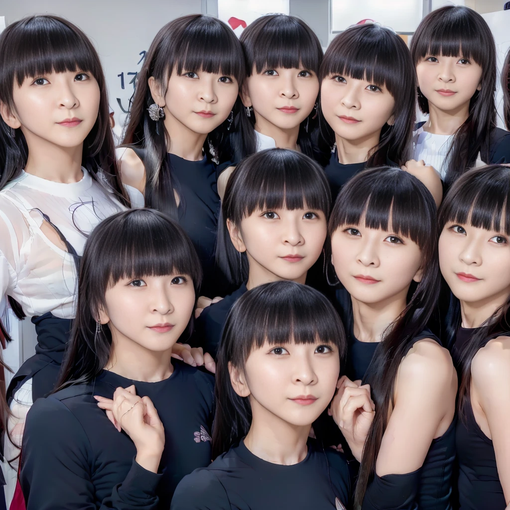 Raw photo、(((multiple girls))),((((6+girls)))),((((100girls)))),(((1000girls)))、((((100 Girls))))、Women only、The same face、matching school uniform、12 years old、Long black hair、100 cute girls going to school、a smile、Commuting to school、School route、In the street、selfee、same person、(((Large group)))、a junior high school student