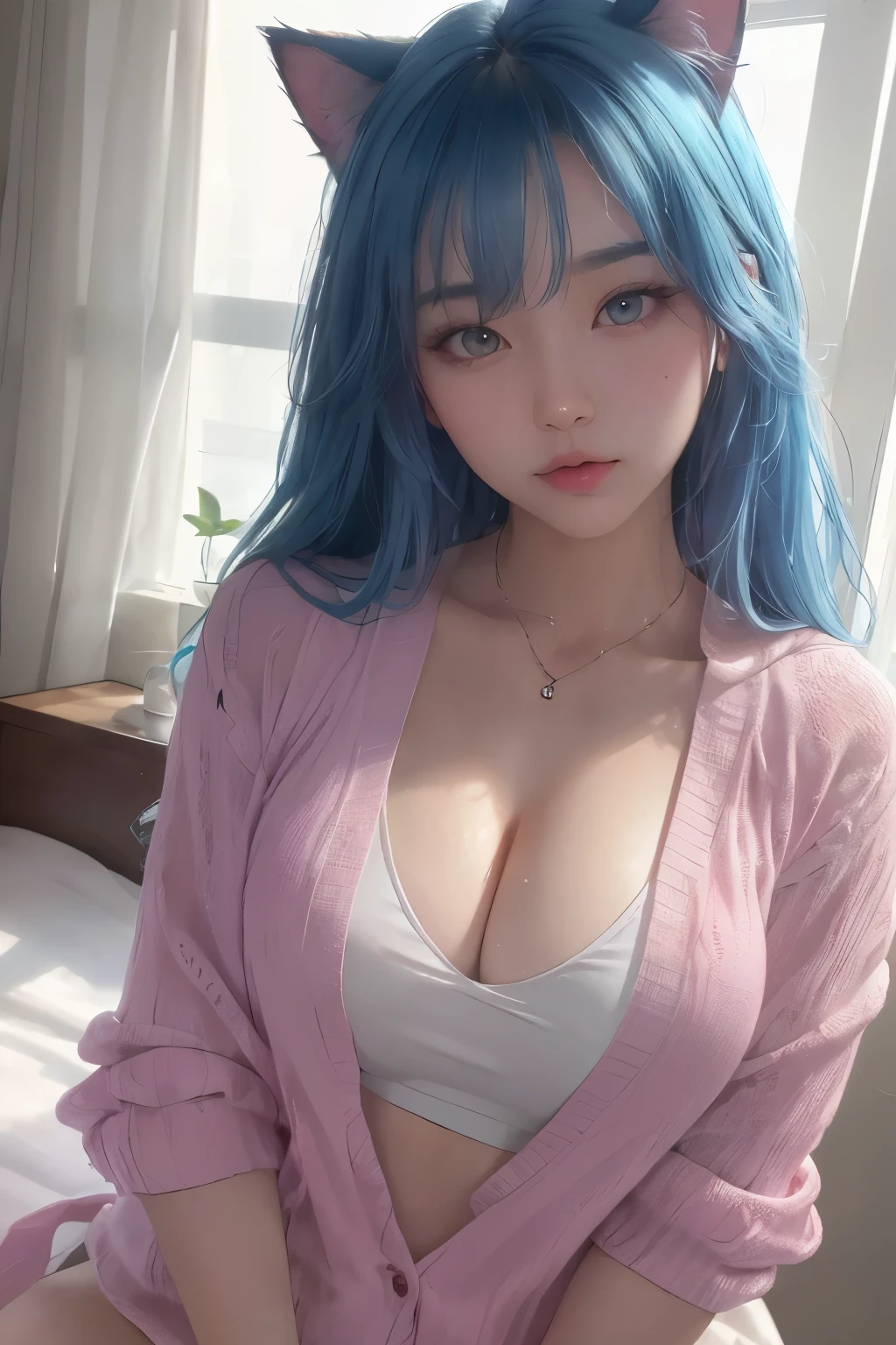 (tmasterpiece, The best_quality, ultra - detailed, 8K, hyper HD, flawless perfection:1.latin blue hair, blue hairs,cat woman,, Cat ears, glowing pink eyes, the shy, Compliant, face flushed, Wet oily skin, on top of bed, The large胸老婆, heart tattoo above, , The large腿粗, Beautiful hip curve, 巨The large, thicc, skin tight, scantily clad, Lace, collars, face to the viewer, window, Bedrooms, midynight, sexy for,,Japan goddess, Cardigan shirt, Korean girls, 美丽的asiagirl, V-shaped bust clothes, low chest,巨The large,Expose the upper half of the chest,not compact,下垂的The large胸,gorgeous chinese models, gorgeous young korean woman, model in Japan, Thick lips,duck mouth,asiagirl, beautiful young korean woman, in blouse wearing, beautiful Korean women, 坐on top of bed, watching the future,巨The large,The large,Upp,frontal photos,super closeup,facing at the camera,Take photos carefully