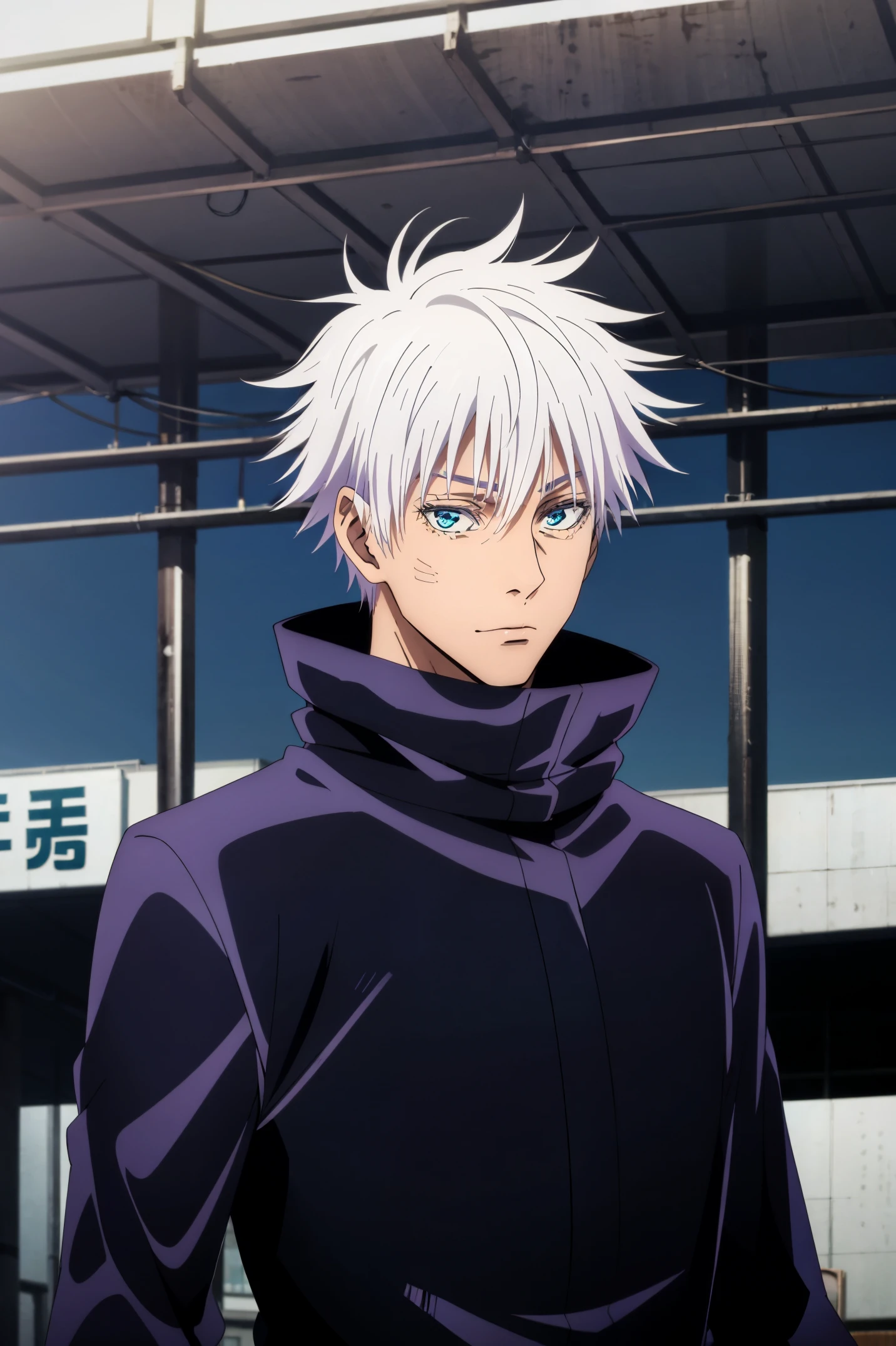 best quality, ultra high res, Gojo Satoru, Jujutsu Kaisen, looking at viewers, standing, white hair, blue eyes, black jacket, popped collar, outdoors, shibuya station, male focus, upper body,