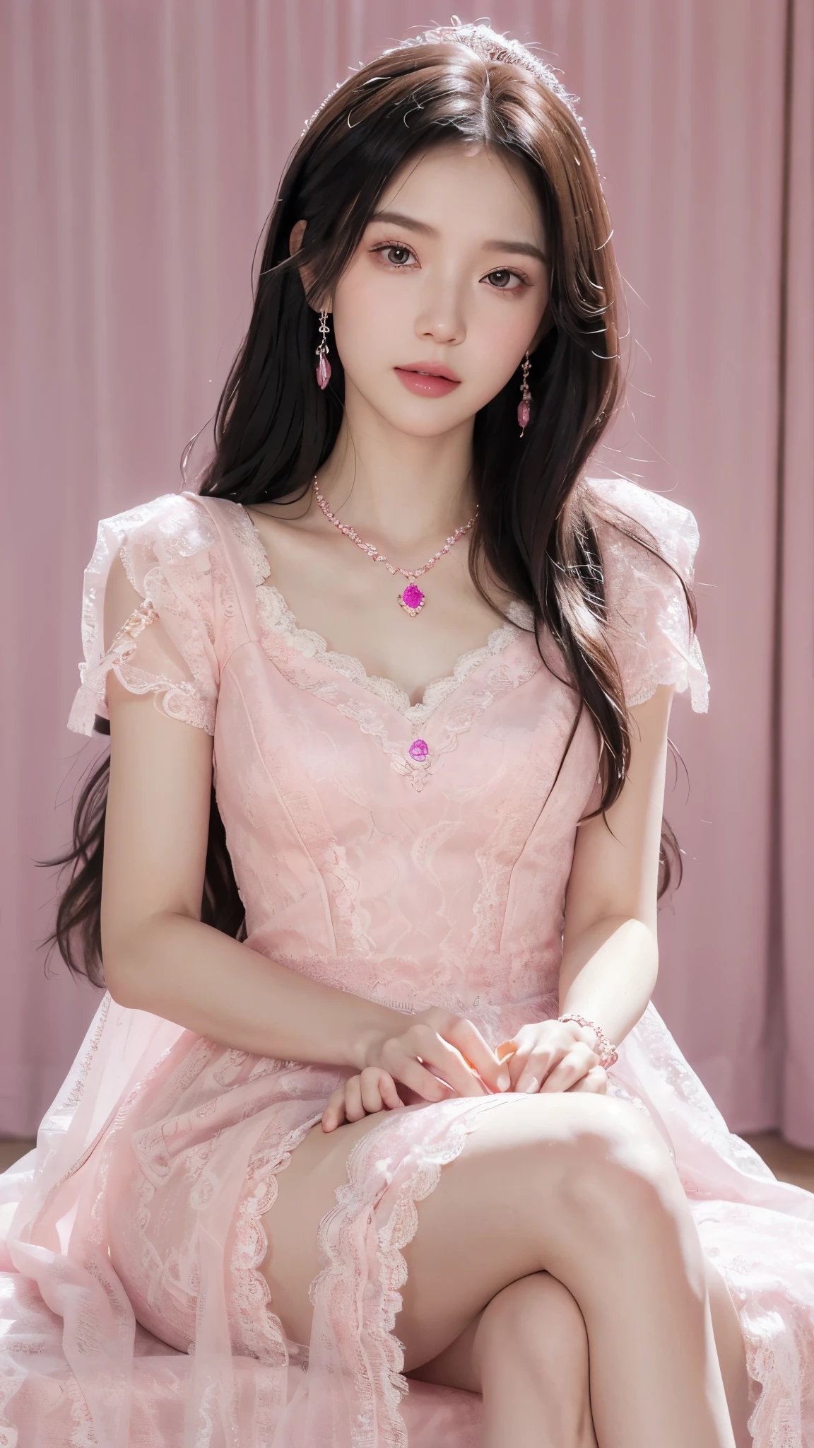8k, masterpiece, 1 girl, beautiful face, white skin, very long hair, light makeup, detailed eyes, detailed lips, small breasts tight, realistic detailed, very detailed dress, princess dress, (pink dress), (wearing jewellery:1.5), (pink lace:1.4), ((stage background)), sitting,