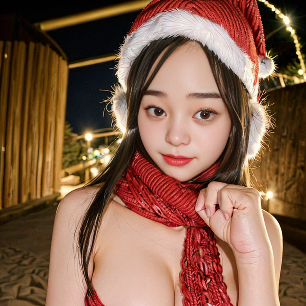 s girl、sixteen years old、Santa Claus Bikini、red knitted scarf、D-Cup bust、knit hat、yuki、Christmas、illuminations