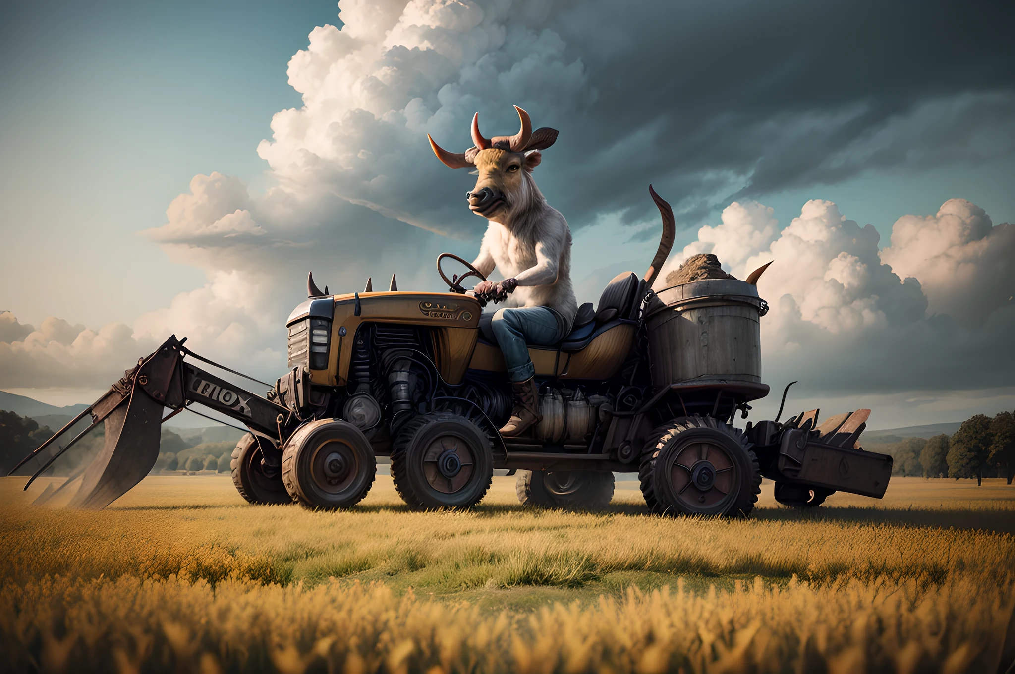a picture of an (anthropomorphic ox: 1.4) driving a tractor in a the field, the sky are sunny, (anthropomorphic ox: 1.5) wearing jeans pants, boots, white T shirt, , pushing  manually ancient plow, in the field, and there are light clouds, ultra wide shot, photorealistic, RAW, fantasy art, dnd art, fantasy art, realistic art, octane rendering, an ultra wide angle