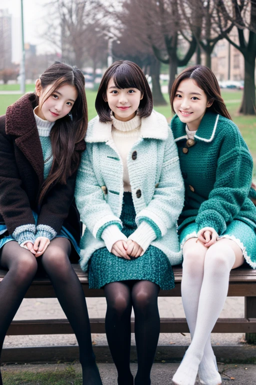 Three beautiful girls wearing down jackets、13years、Knitted skirt、knit tights、Sit on a park bench、