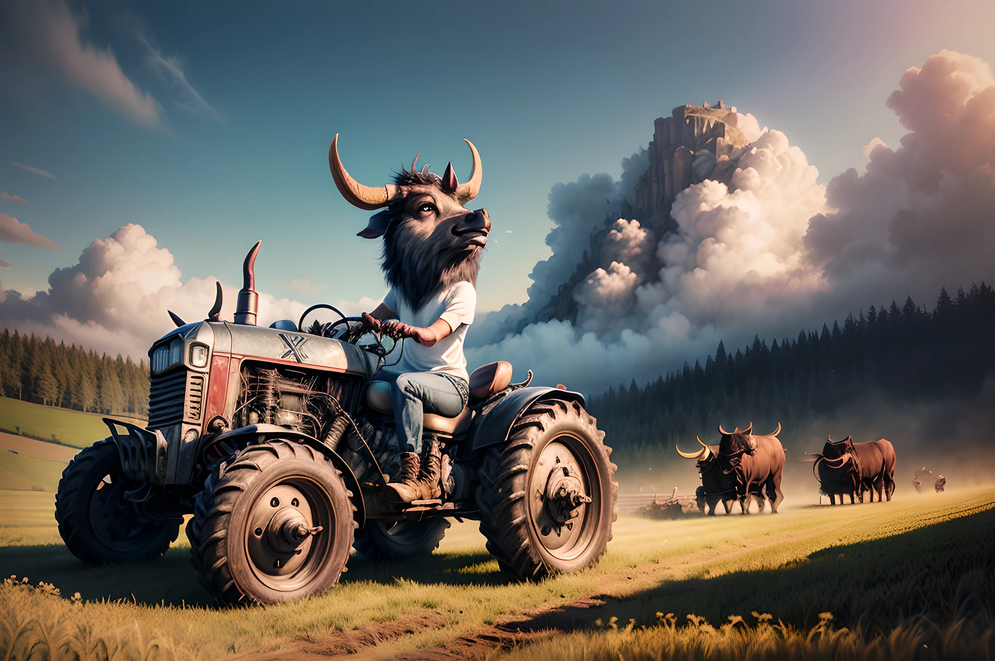 a picture of an (anthropomorphic ox: 1.4) driving a tractor in a the field, the sky are sunny, (anthropomorphic ox: 1.5) wearing jeans pants, boots, white T shirt, , pushing manually ancient plow, in the field, and there are light clouds, ultra wide shot, photorealistic, RAW, fantasy art, dnd art, fantasy art, realistic art, octane rendering, an ultra wide angle