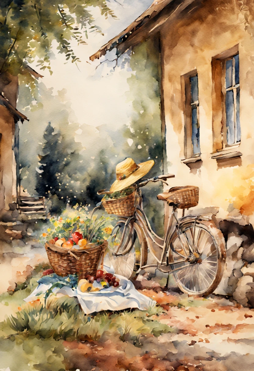 at summer afternoon, There are bicycles outside the farmhouse(Describe the bike in detail.closeup cleavage .focal)Carrying a picnic basket.basket里有野花.country style setting, ..watercolor paiting、There is a wooden chair，There is a plate of fruits and vegetables on it,There is a kitten sleeping on the ground. still-life, pix, a true, Midsummer style, Straw Hat Hat.basket, Stylized rural outdoor scene,watercolor paiting、Splash technology recreates the mud atmosphere in wet environments、unique ingredients、Abstract representation、Contains surreal elements、light toned.Light gold color scheme、high-resolution details、Ink splash effect.