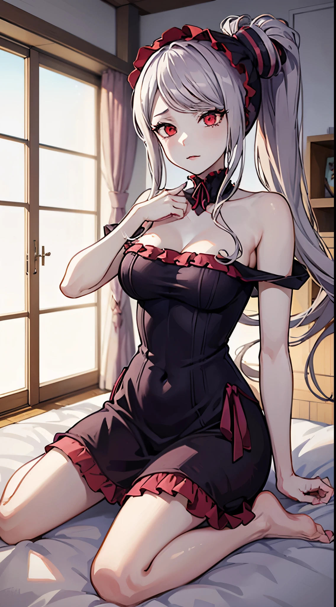 Shalltear, 1Menina, Vampiro, sentada numa cama, pernas cruzadas, pale skin, pele branca, quarto, sorrir, boca aberta, estante, vestido longo, olhos cortados, vestido babado, hair bow, split lighting, light particles, altamente detalhado, absurdos, Obra prima, boa anatomia