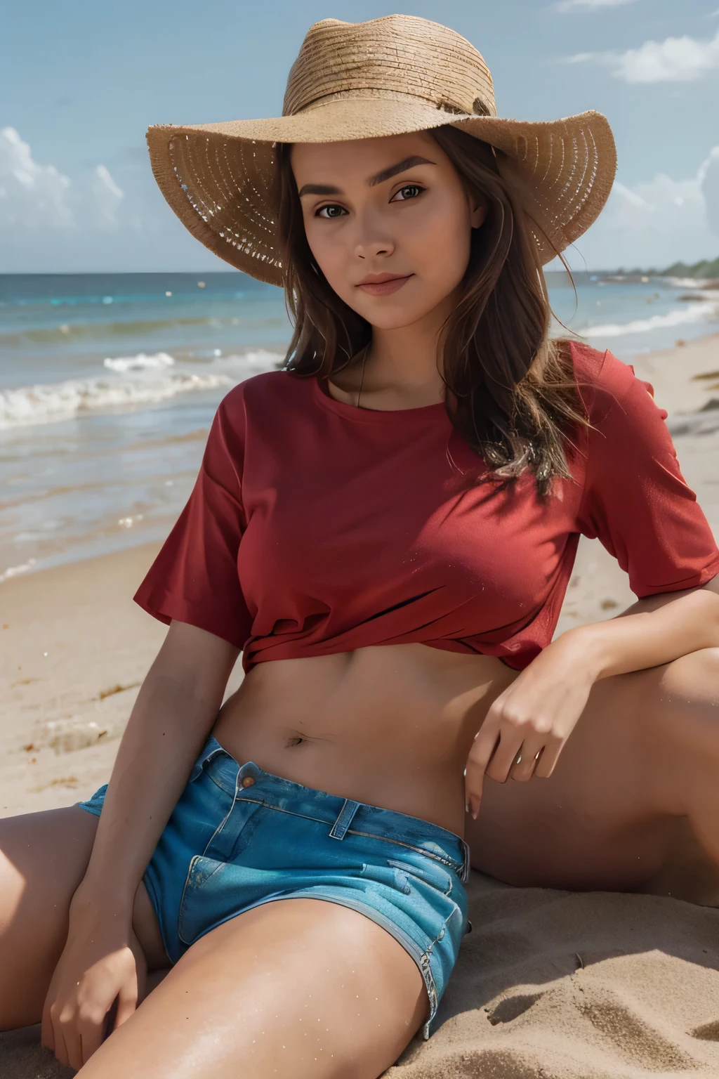 The picture shows a beautiful young woman, die an einem Sandstrand sitzt, wearing a hat and a red shirt. She poses for the camera, and her outfit includes blue shorts. kleine freche Brustwarzen, Cameltoe,The beach setting and their clothing create a relaxed and summery atmosphere.