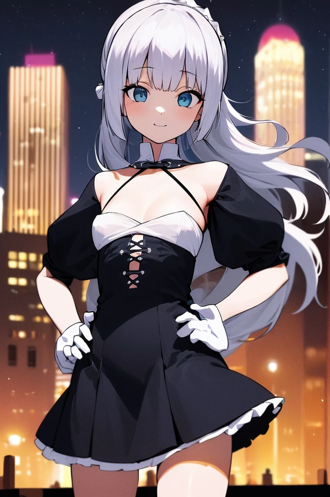 1 girl, solo, ridiculous, best quality, (proud smile:1.2), white hair, blue eyes, dress without sleeve, hair accessories, black skirt, short, side ponytail, long hair, outdoor, nighttime, night, City, Star, starry sky, small breasts, flat chest, White gloves, white stockings, (hands on hips:1.2), (portrait, direct, View, looking at the audience, Upper body:1.3)