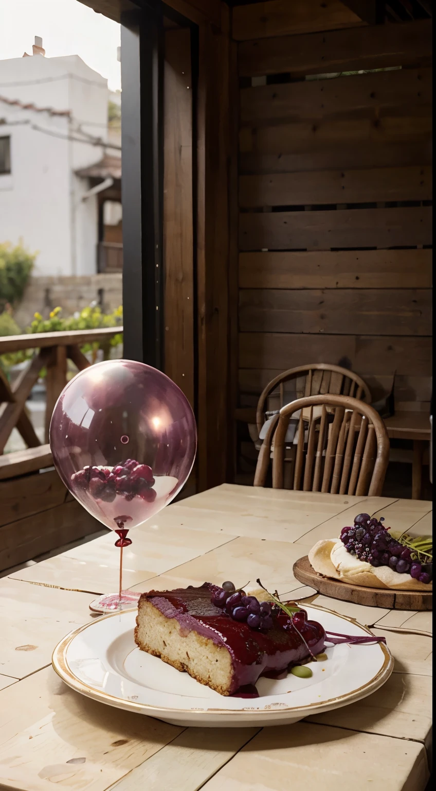 closeup cleavage, Open-air restaurant, Photography concept for black table, Streamers, Old logs, bunches of green grapes, Grape leaves, a bouquet of plum blossoms, centered around a glass of wine, There were a few bottles of wine next to it, Light comes in from the left, Bright environment, Winters, New Year atmosphere, White balloons, Blue balloon, Red balloons