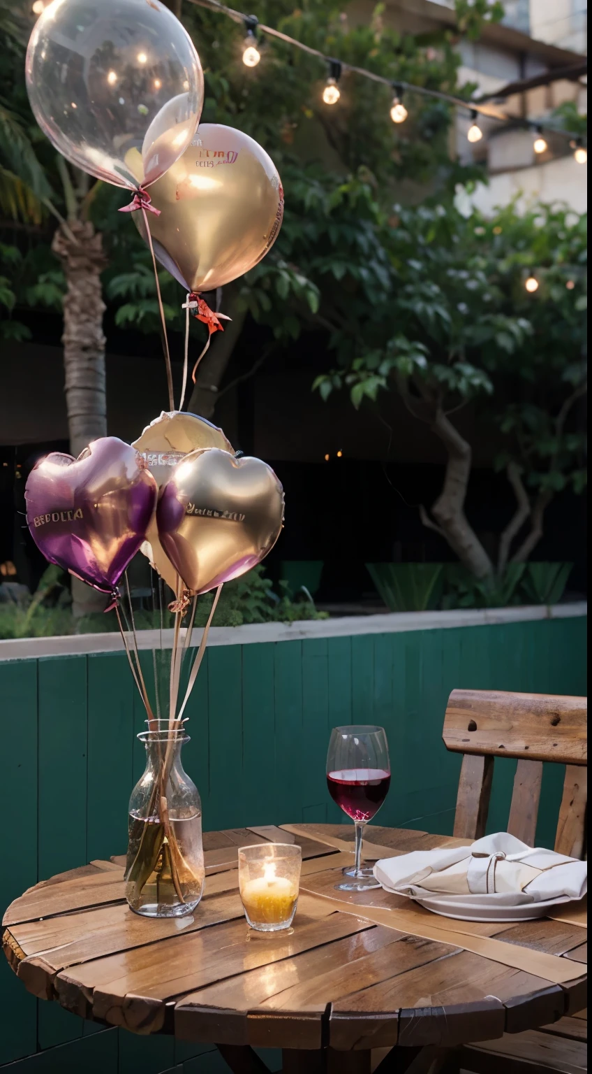closeup cleavage, Open-air restaurant, Photography concept for black table, Streamers, Old logs, bunches of green grapes, Grape leaves, a bouquet of plum blossoms, centered around a glass of wine, There were a few bottles of wine next to it, Light comes in from the left, Bright environment, Winters, New Year atmosphere, White balloons, Blue balloon, Red balloons