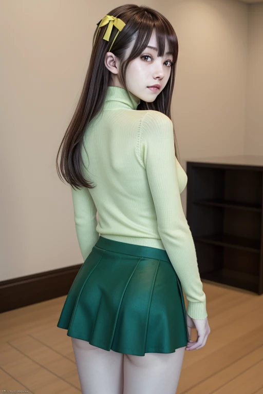Masterpiece, Best Quality, ultra-high detail, doggystyle, ass pov, At the back, 1boy, 1girl, , ass, Sonozaki Shion, green hair, Green eyes, Long hair, yellow ribbon, turtleneck sweater, black skirt,