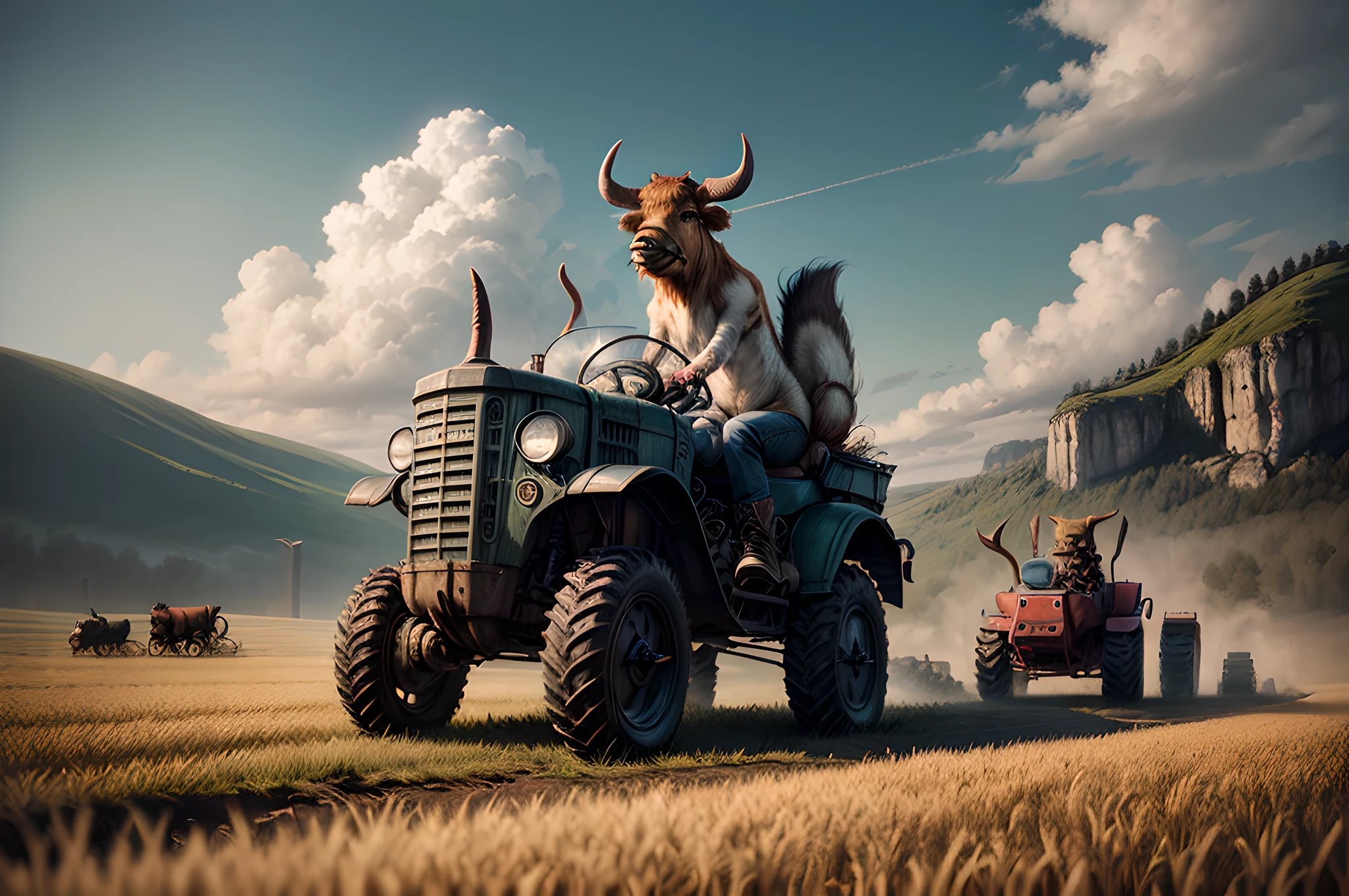 a picture of an (anthropomorphic ox: 1.4) driving a tractor in a the field, the sky are sunny, (anthropomorphic ox: 1.5) wearing jeans pants, boots, white T shirt, , pushing  manually ancient plow, in the field, and there are light clouds, ultra wide shot, photorealistic, RAW, fantasy art, dnd art, fantasy art, realistic art, octane rendering, an ultra wide angle