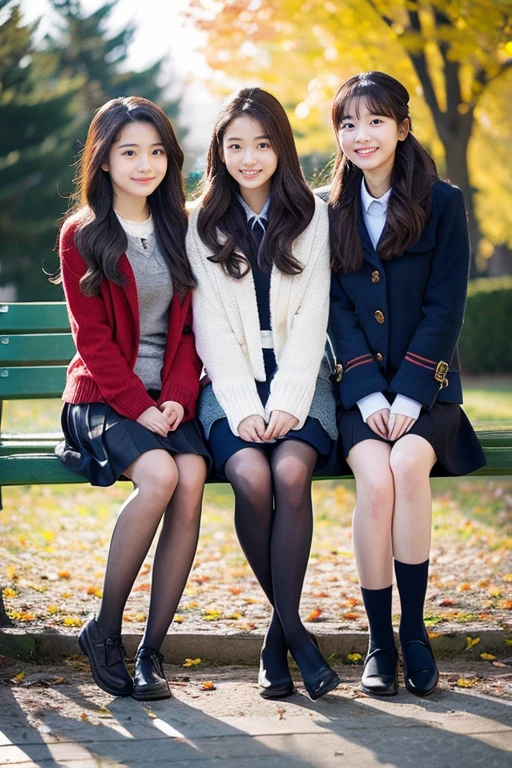 Three beautiful girls wearing down jackets、15yo student、Knitted skirt、knit tights、Sit on a park bench、