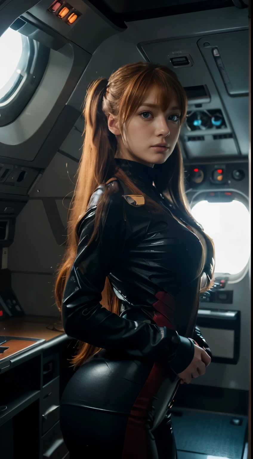 Asuka Langley Soryu, Beautiful Mixed German Babe small chin, Combining realism with anime beauty, Auburn Long Ginger Hair with twintails ribbon, slim body, beautiful detailed eyes, beautiful detailed lips, plain face, intense angry gaze, (dynamic pose) longeyelashes, [anime], [HDR], (best quality,4k,8k,highres,masterpiece:1.2), [front view:1.5], ultra-detailed, (realistic,photorealistic,photo-realistic:1.37), plugsuit, [studio lighting], [bokeh], (luminous lighting:1.1), inside an airplane