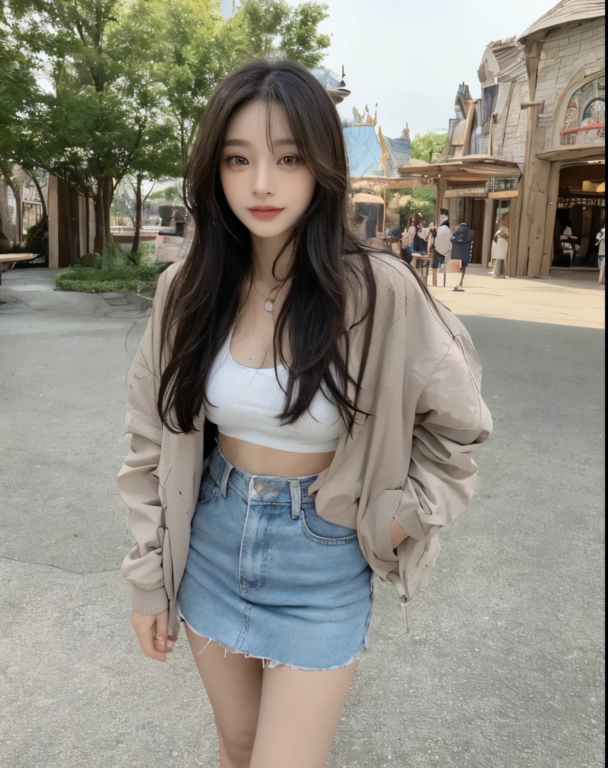 (((Best Quality, 8K, Masterpiece: 1.3,)), high-definition facial features, delicate facial feature, 1girl, Slim Abs Beauty: 1.3, ((long hair, natural hair)), ((((wearing outfit with a jacket)))), Fine Face, (((Delicate Eyes))), Double Eyelids, smiling, looking at the viewer, ((full body 1.5)), (((theme park))), ((((natural background)))), (standing), bare legs