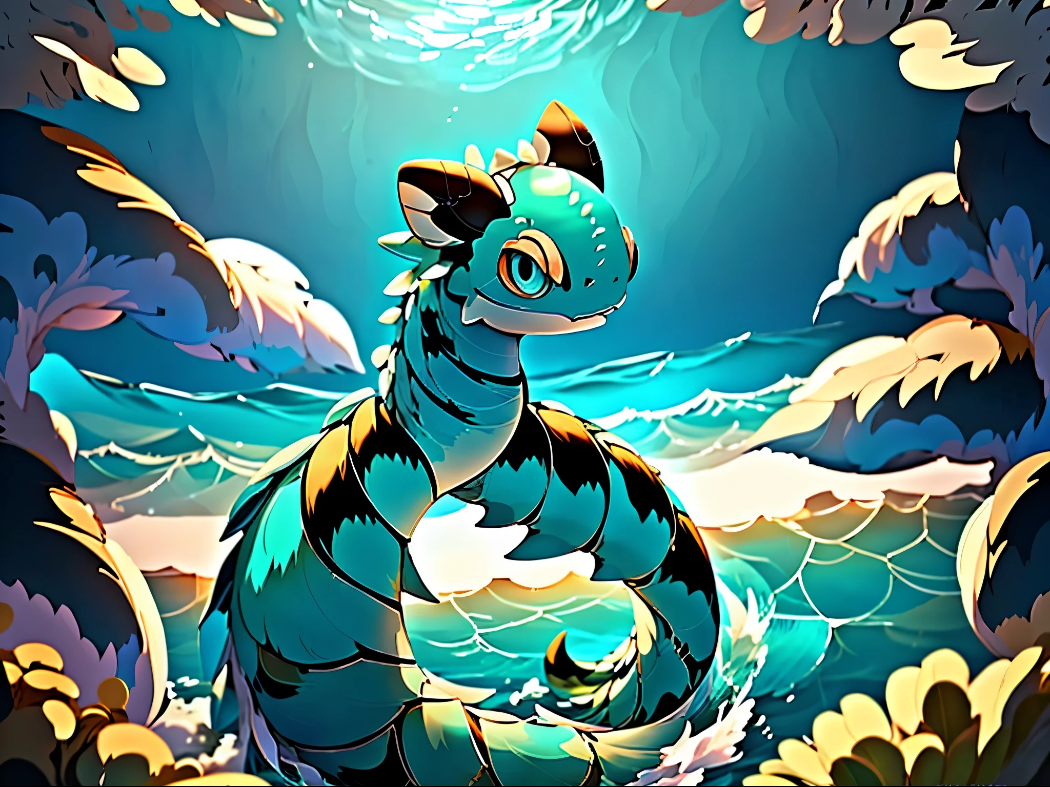Cute blue sea snake!,the ocean,niji,Pokémon style!!!,Gradient color,((Best quality at best)),((tmasterpiece)),(The content is very detailed,Most detailed,offcial art,Beauty and aesthetics:1.2),depth of fields,Composition of the whole body,gladly:1)