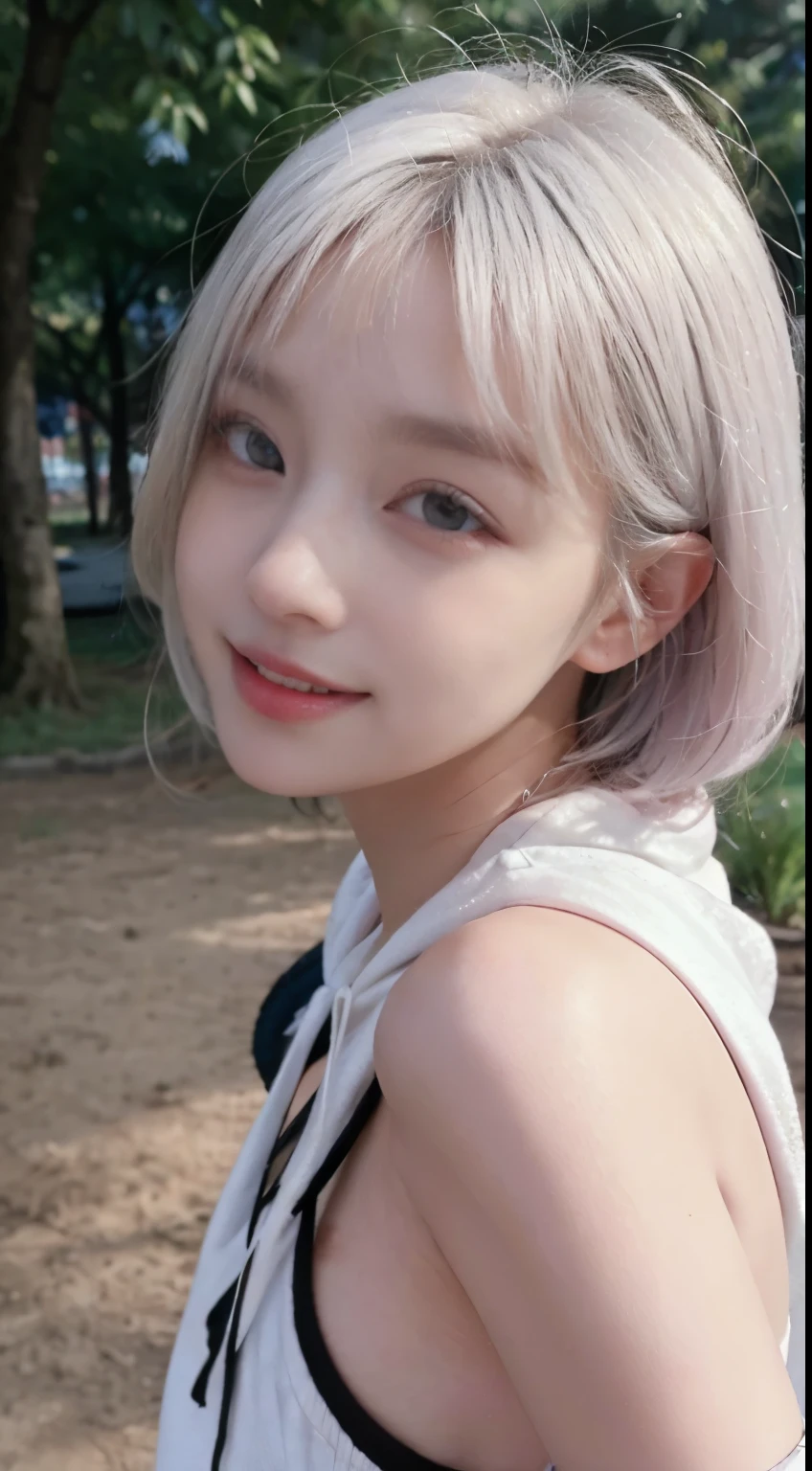 Top image quality、Raw photography、超A high resolution、21-year-old Korean、small tits、Dynamic angles、Cowboy Shots、The most beautiful forms chaos、elegent、Brutalist design、vivd colour、Beautiful white hair、a short bob、Laugh、happily laughing、smil、shiny white skin、Beautiful eyes with random colors、Very beautiful eyes down to the details、elongated eyes、thin lipss、pale pink blush、long eyeslashes、beautiful double eyelid、eyeshadows、a park、Overall。shot from a side angle、Big Black Hoodie、