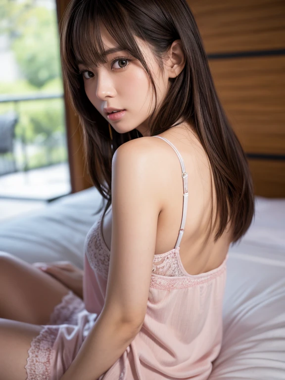 (8k, RAW photo, best quality, masterpiece, ultra detailed:1.2),(realistic, photo-realistic:1.4), (extremely cute Japanese actress, detailed face: 1.2), ultra-detailed, extremely detailed, hyperrealistic, sharp focus, SIGMA lens, 85mm f/1.4., depth of field, blur background, bokeh, cinematic lighting, midnight,pale skin, brown eyes, mouth open, seductive, looking at viewer, (pajamas), (looking back:1.2), big ass, bed