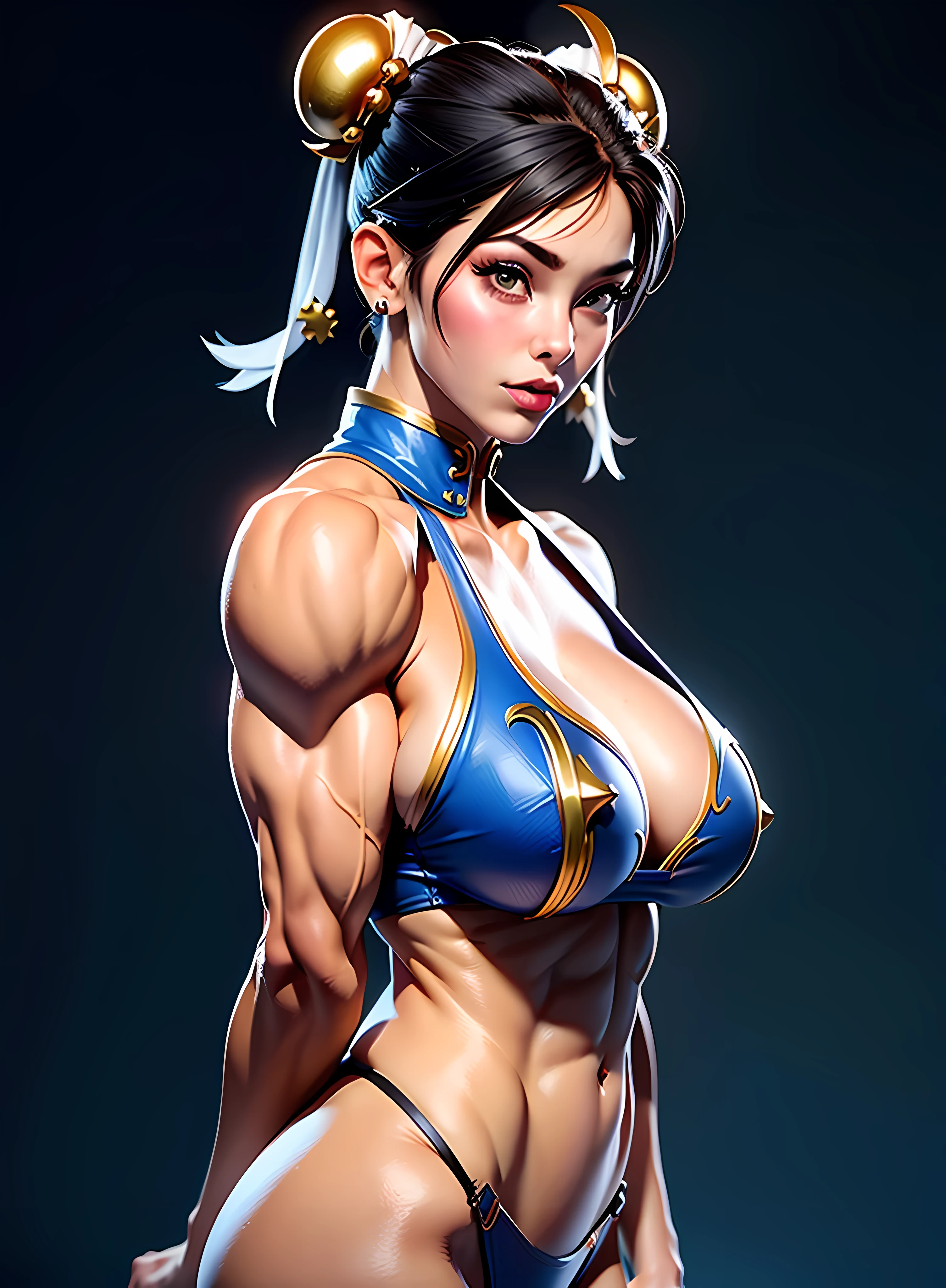 ((Best quality)), ((Masterpiece)), ((Realistic)) and ultra-detailed photography of a girl with goth colors. Chun- li， ((Chun- li)), dressed in (small black micro-thong, black micro-bikini:Star motif ) , ((Beautiful and aesthetic)), ((((huge muscles)))), Sexy, under-boobs, ((huge breasts)), Hot, (Cream gradient background)