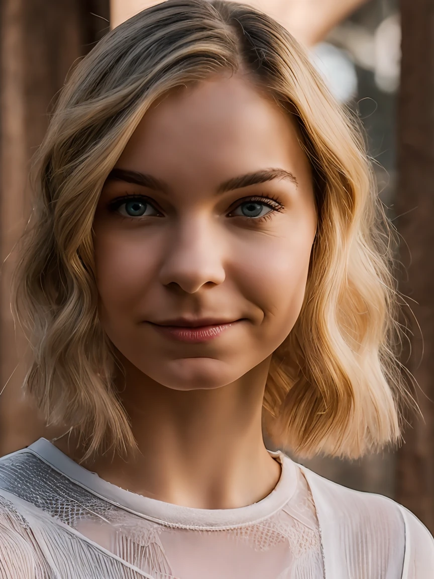 Emma Myers - young woman with short hair., blonde hair gently frames her angelic face. Her golden locks flow with ease, emphasizing the graceful curve of her neck. Her appearance conveys fragility and delicacy, attracting the attention of everyone around.. Emma&#39;s eyes are like bright emeralds, reflecting the depth of emotions, who fluctuate between curiosity and tenderness. Each of her glances, seem, tells a story, conveying a mixture of innocence and wisdom beyond his years. Her pose is elegant, and the grace of her movements is like a smooth and bewitching dance. Emma exudes an aura of serenity, as if she were a delicate flower, blooming under the gentle wind.. Her presence is charming, leaving a lasting impression on those, who was lucky enough to get in her way..