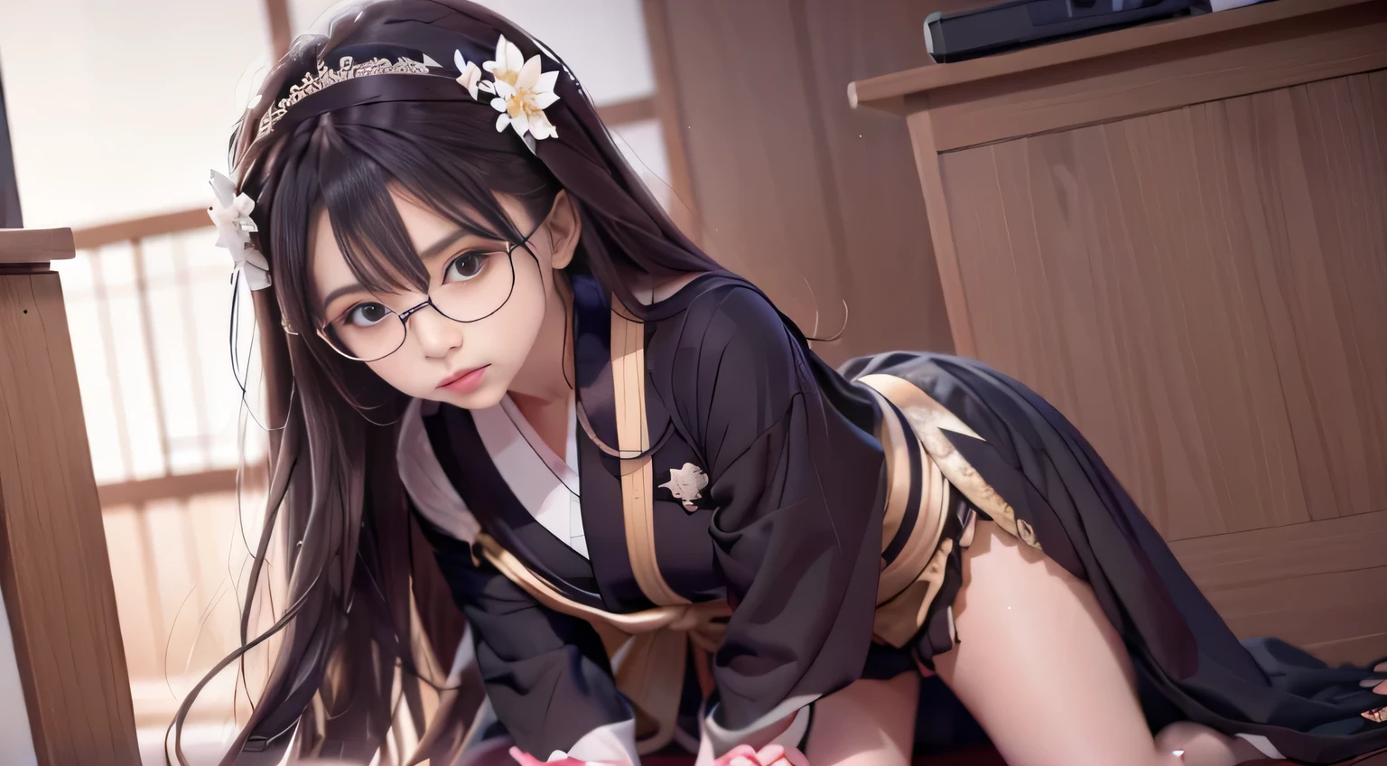 Long haired woman in black kimono and flower crown, Japan Girl, Woman with glasses, Beautiful anime girl, Anime Girl with Long Hair, gorgeous japanese model, Asian girl with long hair, charming anime girls, real life anime girl, Beautiful Anime Portrait, Korean Girl, Beautiful Asian Girl, white hime cut hairstyle, guweiz, beautiful anime woman,smooth hair,detailed hairs,Very fine hairs,Ephemeral Girl:1.8,A look tinged with joy:1.4,((small tits,Thin leg))