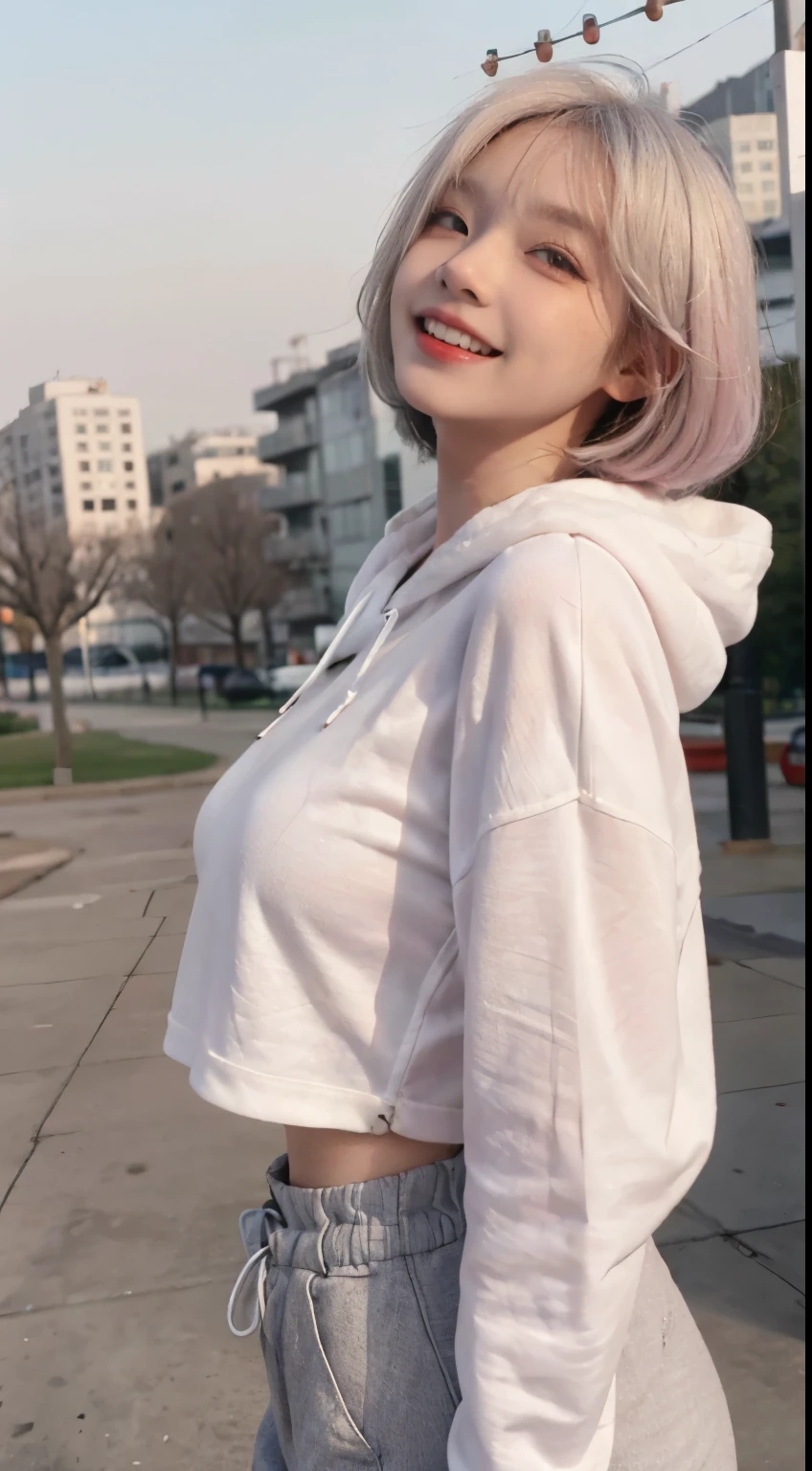 Top image quality、Raw photography、超A high resolution、21-year-old Korean、small tits、Dynamic angles、Cowboy Shots、The most beautiful forms chaos、elegent、Brutalist design、vivd colour、Beautiful white hair、a short bob、Laugh、happily laughing、smil、shiny white skin、Beautiful eyes with random colors、Very beautiful eyes down to the details、elongated eyes、thin lipss、pale pink blush、long eyeslashes、beautiful double eyelid、eyeshadows、a park、Overall。shot from a side angle、Big Black Hoodie、