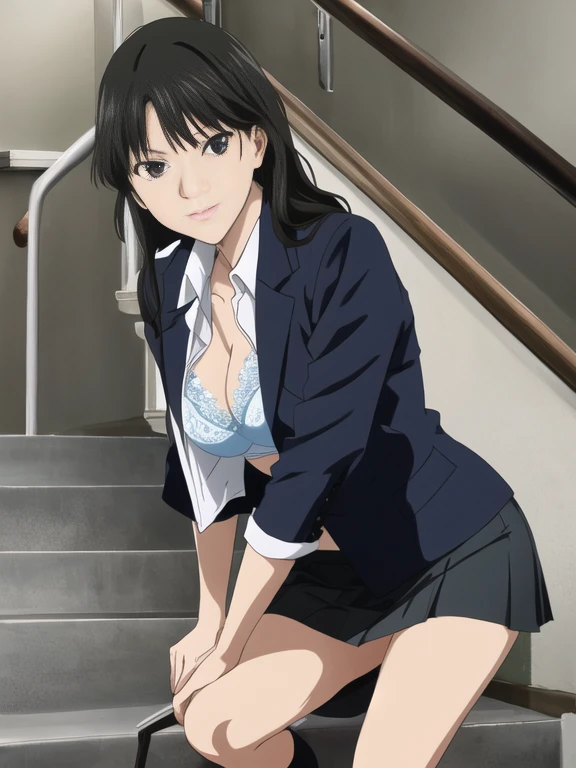 Best Quality, masutepiece, 超A high resolution, (Photorealistic: )2D official style cel animation、amagami　Ayatsuji　manage　High school students、Lift the shirt　Skirt Pulling Up　open one's legs　stairway　Crouching　frontage　black miniskirt with white lines　girl with　校服　Light blue lace bra　You can see the light blue lace panties　A dark-haired　teats