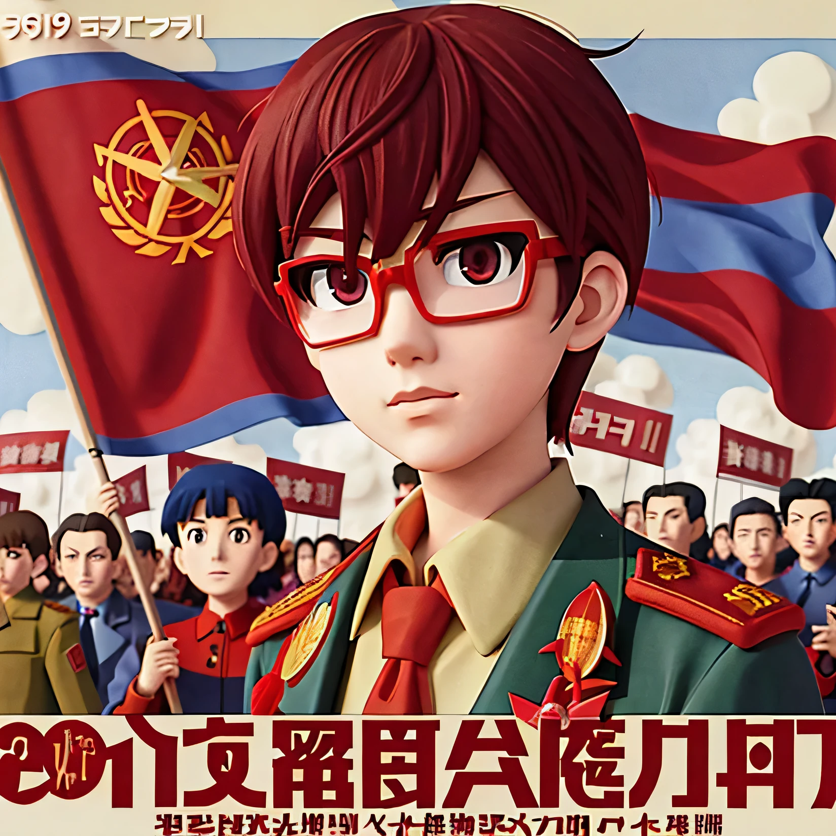 anime character with a red flag and a crowd of people, sovietwave, official artwork, style of red line anime movie, official anime artwork, sovietwave aesthetic, shuushuu anime image, 1968 soviet japanese, anime cover, official art, kawacy, screenshot from a 2012s anime