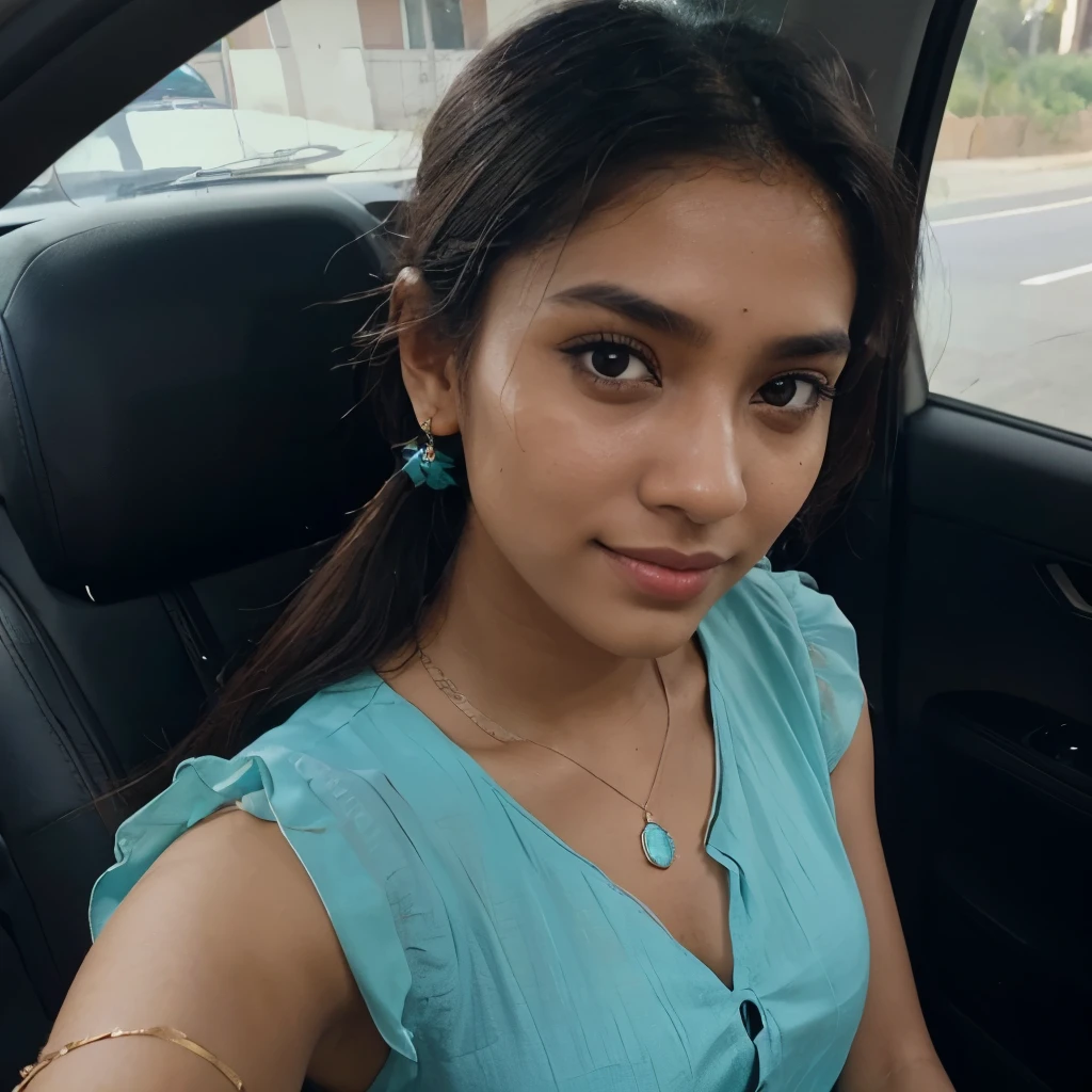 ((self-taken photo)), natural colors, ((selfie photo)), of a 22-year-old Sri Lankan woman named Kasuni, (dark long ponytail hair), dark fair skin, black eyes, feminine features, iPhone, mobile quality, mobile focus, tack smooth, Instagram filter, TikTok filter, detailed face, detailed eyes, oiled skin, profile picture, smiling, ((sitting inside a car)), ((turquoise dress, ladies jewelry)), natural lighting.