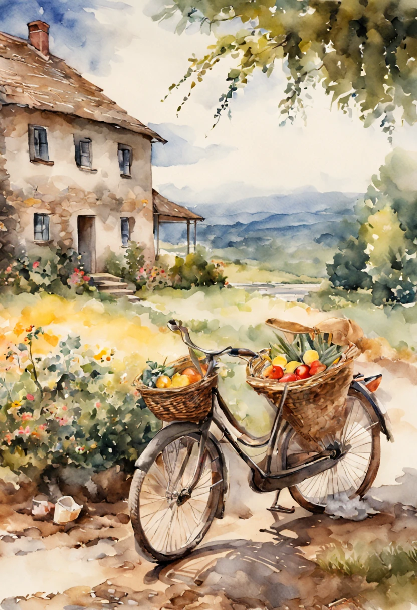 at summer afternoon, There are bicycles outside the farmhouse(Describe the bike in detail.closeup cleavage .focal)Carrying a picnic basket.There are wild flowers in the basket.country style setting, ..watercolor paiting、There is a wooden chair，There is a plate of fruits and vegetables on it,There is a kitten sleeping on the ground. still-life, pix, a true, Midsummer style, Straw Hat Hat.basket, Stylized rural outdoor scene,watercolor paiting、Splash technology recreates the mud atmosphere in wet environments、unique ingredients、Abstract representation、Contains surreal elements、light toned.Light gold color scheme、high-resolution details、Ink splash effect.