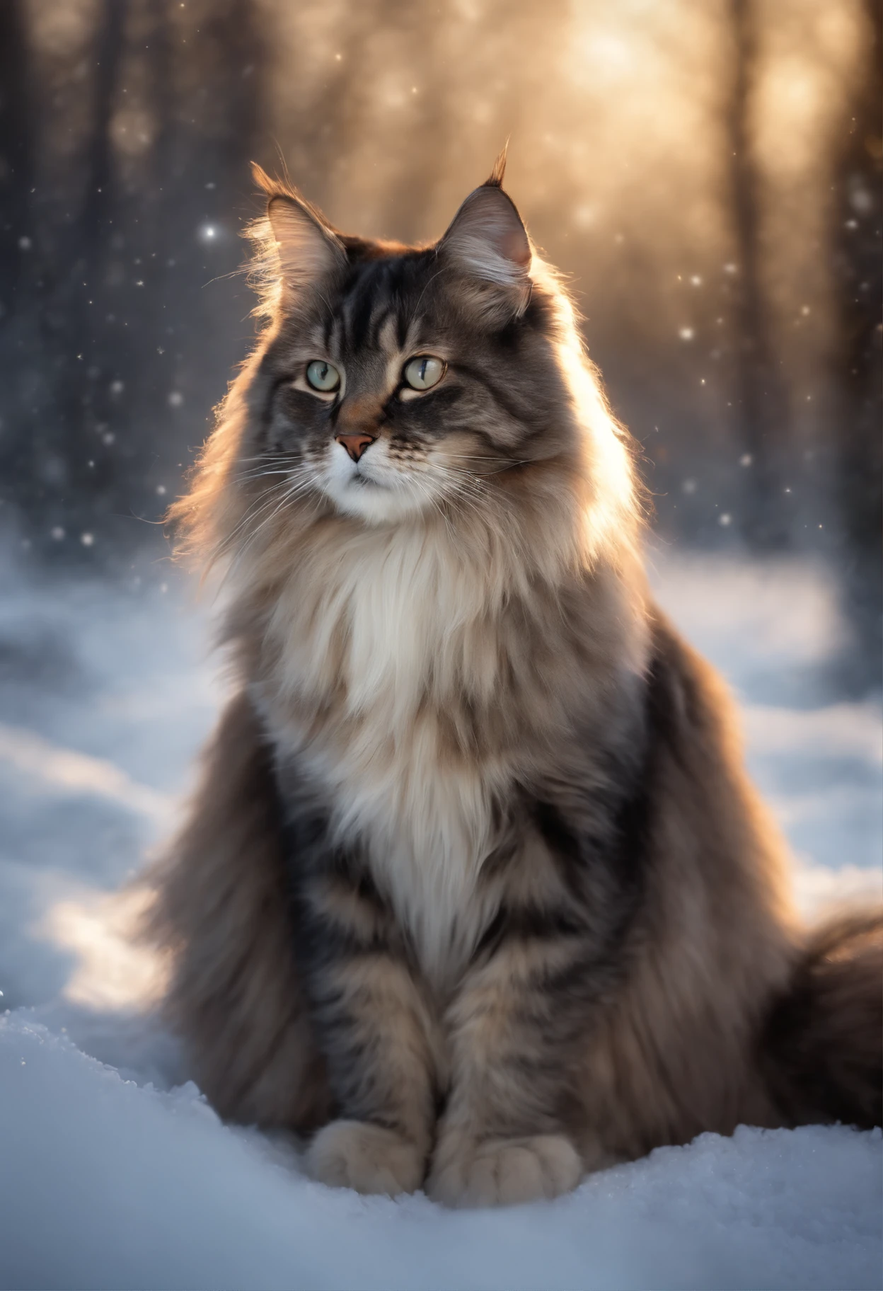 Painting with a cat, sitting on a stone in the snow, butterfly in the sky, butterflies fly into the sky, cat looks at butterflies, a starry sky, inspired Mark Keatley, Anthropomorphic large Maine, Brian Thomas, by Cynthia Sheppard, Beautiful picture of high, close portrait, magali villeneuve', Heather Theurer, Mark Keatley, Cat Portrait, Lisa Parker, Thomas Kinkade, blue siberian forest cat