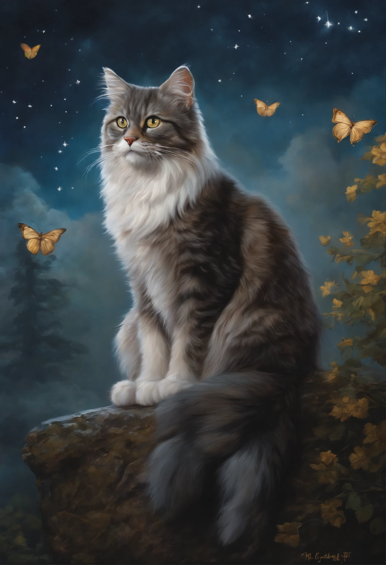 Painting with a cat, sitting on a stone in the snow, butterfly in the sky, butterflies fly into the sky, cat looks at butterflies, a starry sky, inspired Mark Keatley, Anthropomorphic large Maine, Brian Thomas, by Cynthia Sheppard, Beautiful picture of high, close portrait, magali villeneuve', Heather Theurer, Mark Keatley, Cat Portrait, Lisa Parker, Thomas Kinkade, blue siberian forest cat