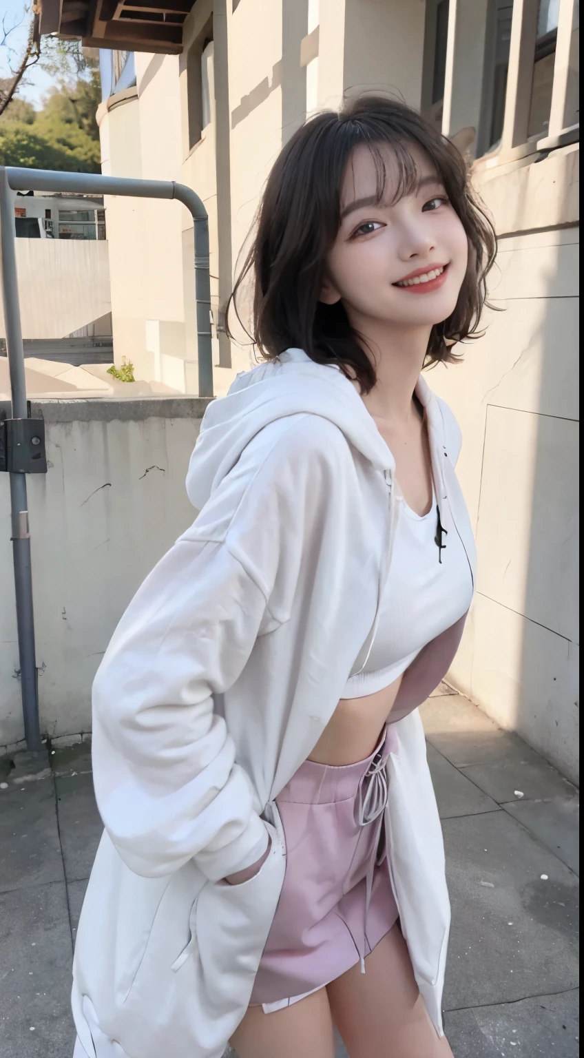 Top image quality、Raw photography、超A high resolution、21-year-old Korean、small tits、Dynamic angles、Cowboy Shots、The most beautiful forms chaos、elegent、Brutalist design、vivd colour、Beautiful white hair、a short bob、Laugh、happily laughing、smil、shiny white skin、Beautiful eyes with random colors、Very beautiful eyes down to the details、elongated eyes、thin lipss、pale pink blush、long eyeslashes、beautiful double eyelid、eyeshadows、a park、Overall。shot from a side angle、Big Black Hoodie、