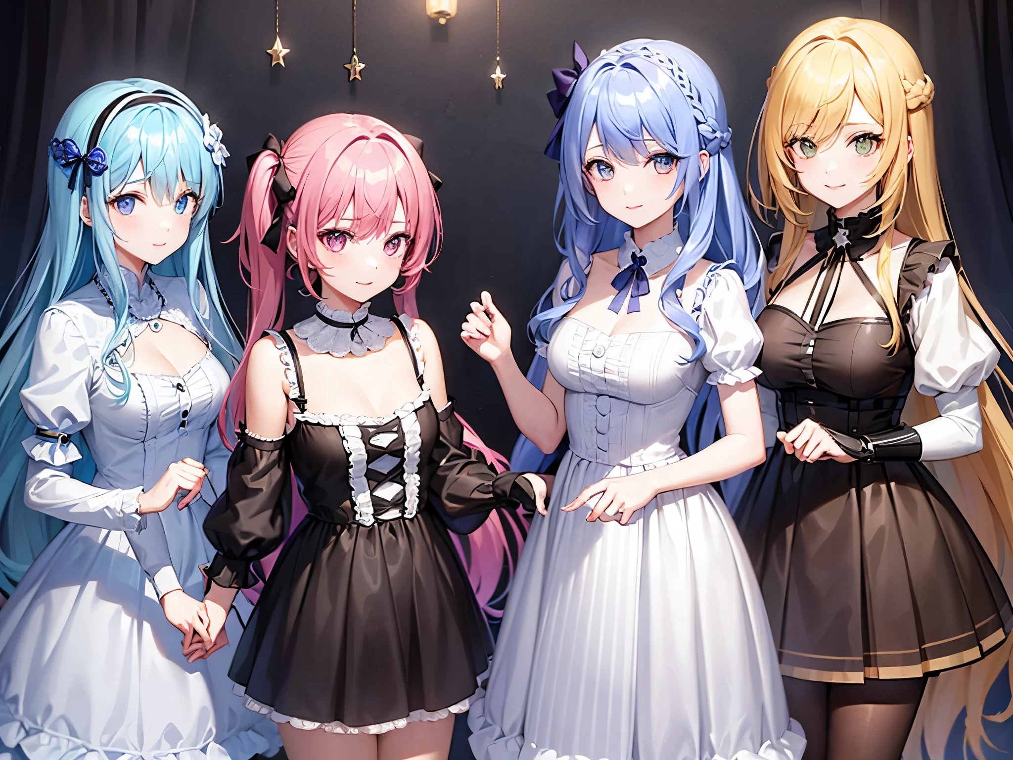 female twins, hairstyles different, hair colors different, iris colors different, outfits different,