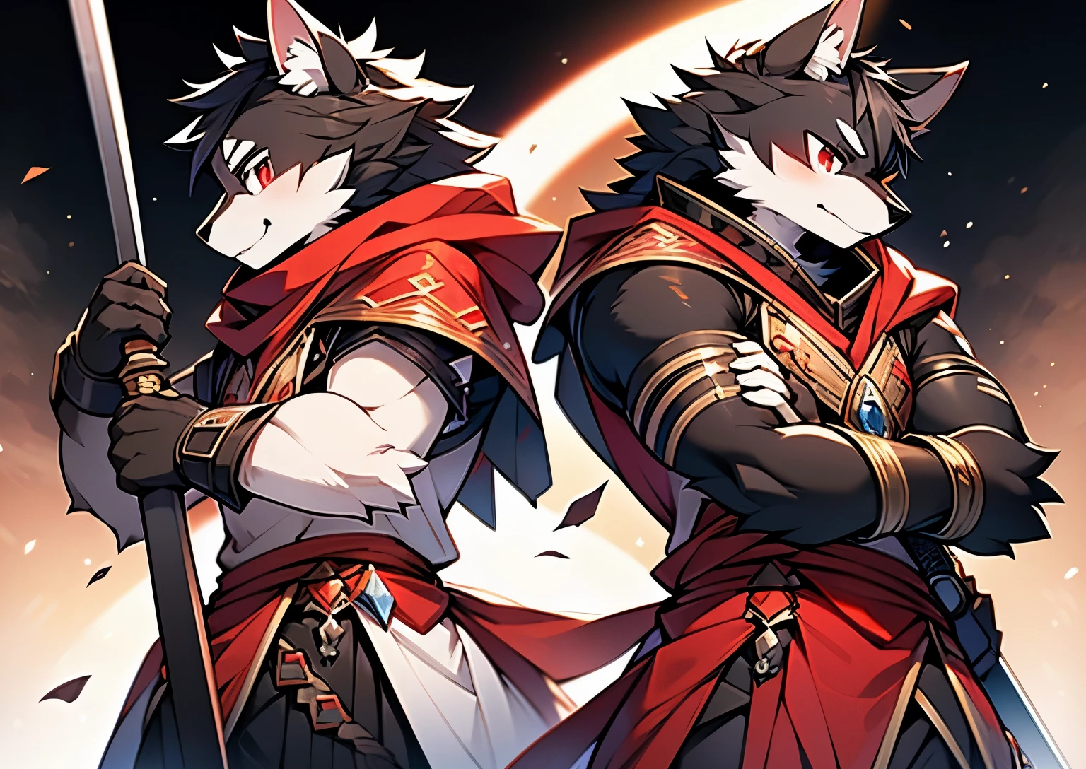 tmasterpiece,A high resolution,8K,detailedbackground,high high quality,(Black Wolf,He has dark fur,red eyes, Pointy ears. holding a longsword,Draped in a red shawl.。Black Wolf动漫, Black Haired Wolf, Wolf holding sword and shield)) shaggy,shaggy的艺术,Young boys,独奏