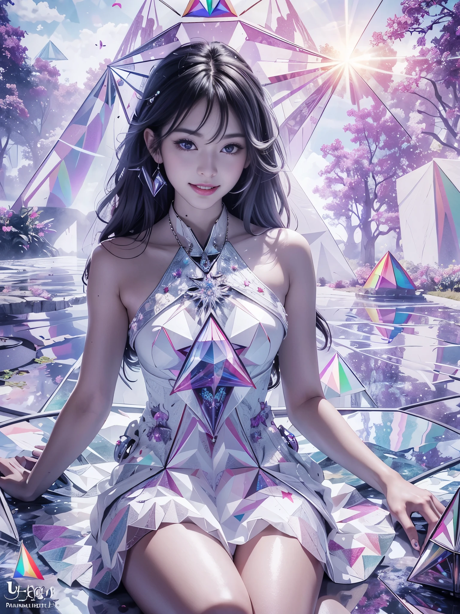 (Digital art, fractal art, official art, beautiful and aesthetic, ultra detailed, beautiful, masterpiece, best quality:1.8), (1girl:1.2), face, Detailed face, Detailed eyes, Detailed hair, Detailed fingers, five fingers,
_ BREAK (kaleidoscope:1.6),
(angular kaleidoscope patterns White dress:1.6),
(inside white kaleidoscope:1.6),
(strong prism light reflected on kaleidoscope:2.0), (angular,Prism:2.0),
BREAK cute ig model, Japanese cute model, 22 years old, medium large breasts, slender waist, toned arms, toned thighs, medium Buttocks, small head, small face, small mouth, diamond Face, small nose, Sharp Faceline, smile,Teeth, (dropy eyes, Double eyelid, Light color eyes, Moist eyes, Shiny eyes:1.2), Shiny hair, Shiny skin,
_
(smile, Teeth:1.3),(sitting:1.2), from front, lock at viewer,
_