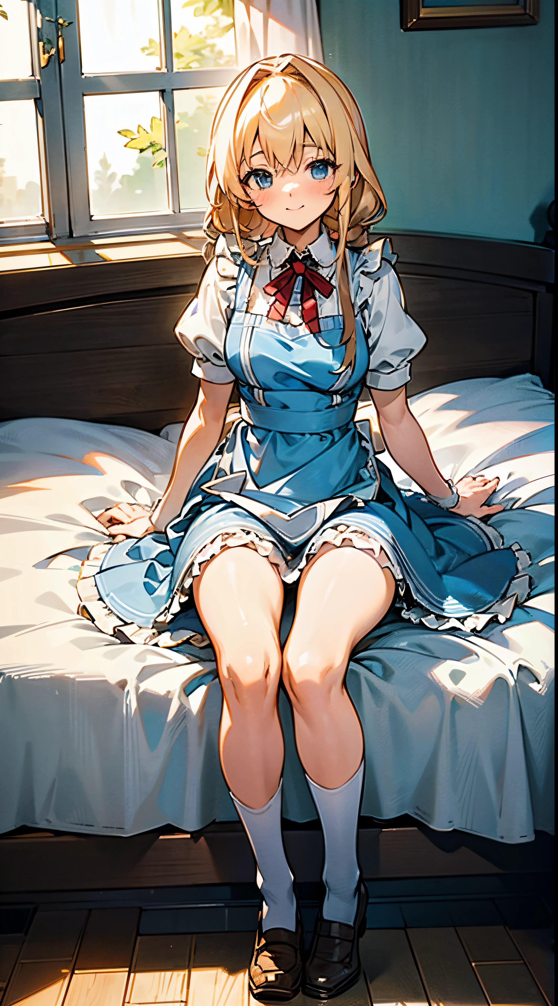 anime styled, The ultra -The high-definition, alice in the wonderland, Super cute girl, a blond, long, shame, A gentle and inviting smile, light blue fluttering short dress, frilldの付いた白いエプロンスカートを重ねる, frilld, B-cup breast, Light blue fluttering mini skirt, 靴下はつま先から太ももの真ん中までのlongめの白いニーハイソックスです。., and draw the full body, Inside an old Western-style building, absurd worldview, A window that lets in bright sunlight, Her clothes are a little disarrayed and her breasts are exposed.., pee, お漏らししてpeeが股から出て太ももを伝ってチョロチョロと細く流れている, Lie down on the bed, free pose