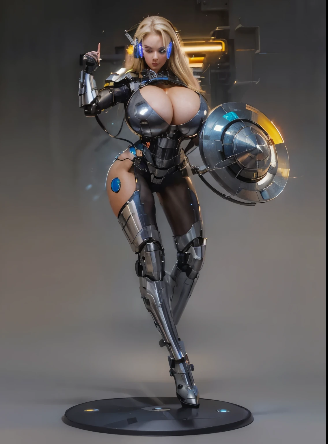 (Huge boobs:1.4), blonde, cybernetic, holding round shield, headset