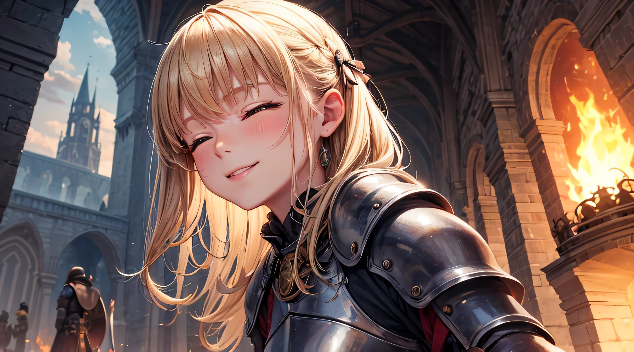 masutepiece,Best Quality,ultra-detailliert,(1 female knight),Fire Sword,Face Close-up,Blonde hair,(Straight hair),look at viewr,(Full lips:-0.5),Dark Souls,castle,bow ribbon,(Smile:0.8),Closed eyes,Sunny weather