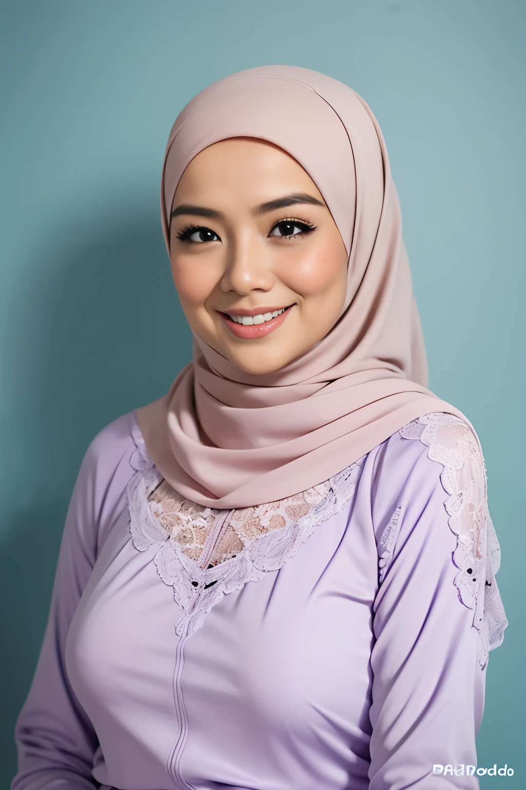Matured Malay women in hijab wearing sexy satin lace lilac color bra and panties, portrait photography, 35 years old, mid shot photo, ultra detail, professional photograph with professional lighting, smile, light blue studio background, sexy seducing pose, curvy,