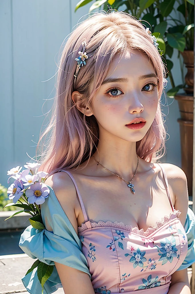 1个Giant Breast Girl,florals, Platycodon ,Light pink and light blue style,