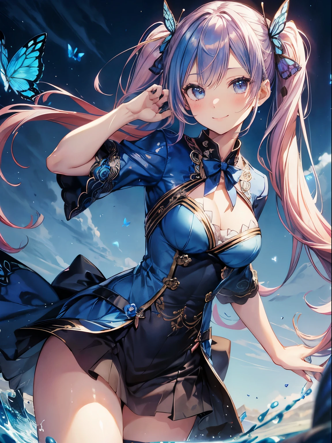 Blue Rose(1.5)、Rose Park(1.5)、(masutepiece:1.3), (8K, Photorealistic, Raw photo, Best Quality: 1.4), Beautiful face, (Realistic face), Beautiful detailed eyes, (Realistic skin), Attractive, Intricate details,Golden ratio, 1 girl,Naughty smile, (rainbow hair:1.4),((Long twintails,Ribbon 1.4)),blue dressrie butterfly hair ornament1.3),Dynamic Pose,Dynamic Angle,Intricate details, Hyper realistic、A smile、Smiling、Face enhancement、Deitiesの光、Deities、Heaven、rainbows
