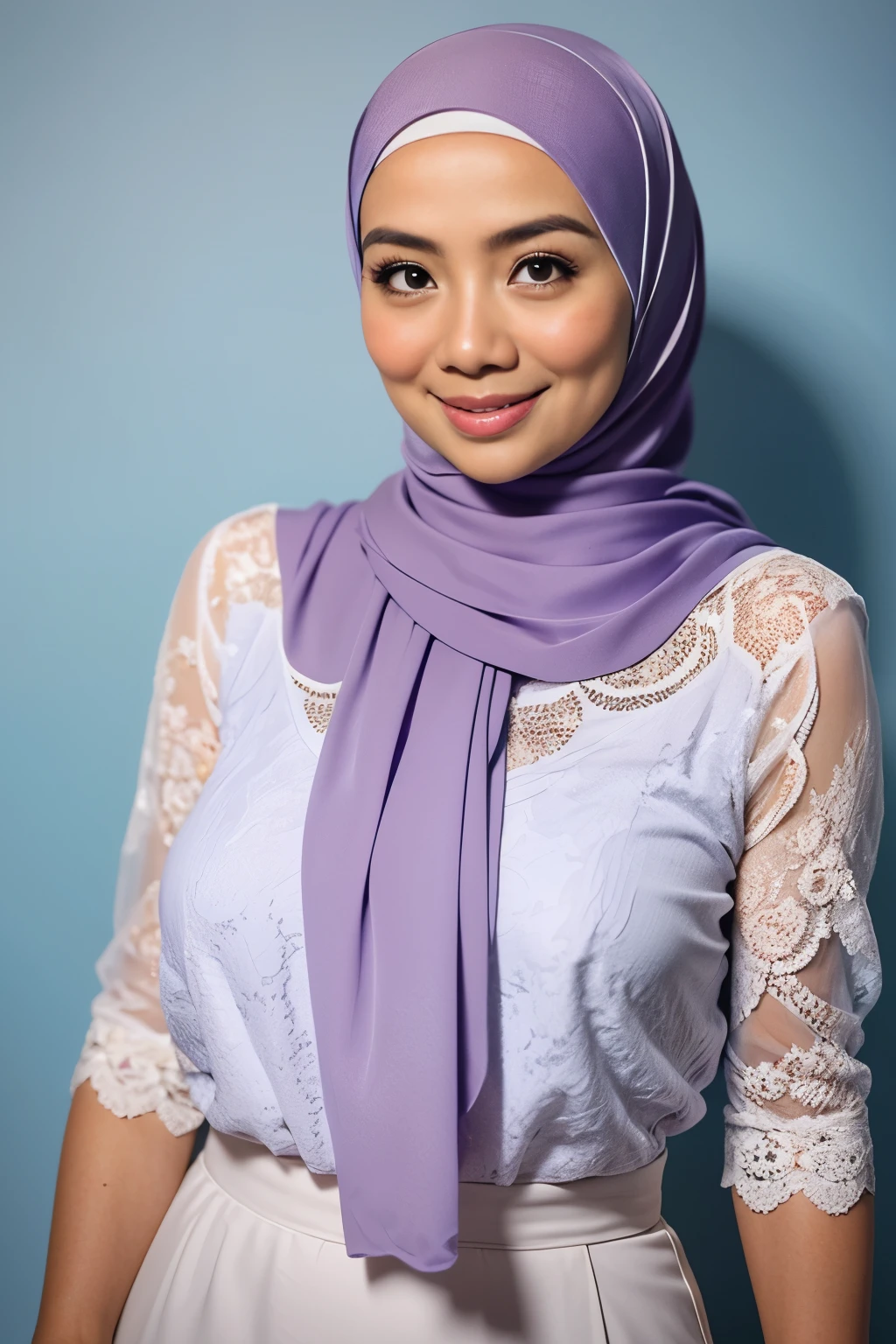 Matured Malay women in hijab wearing sexy satin lace lilac color bra and panties, portrait photography, 35 years old, mid shot photo, ultra detail, professional photograph with professional lighting, smile, light blue studio background, sexy seducing pose, curvy,