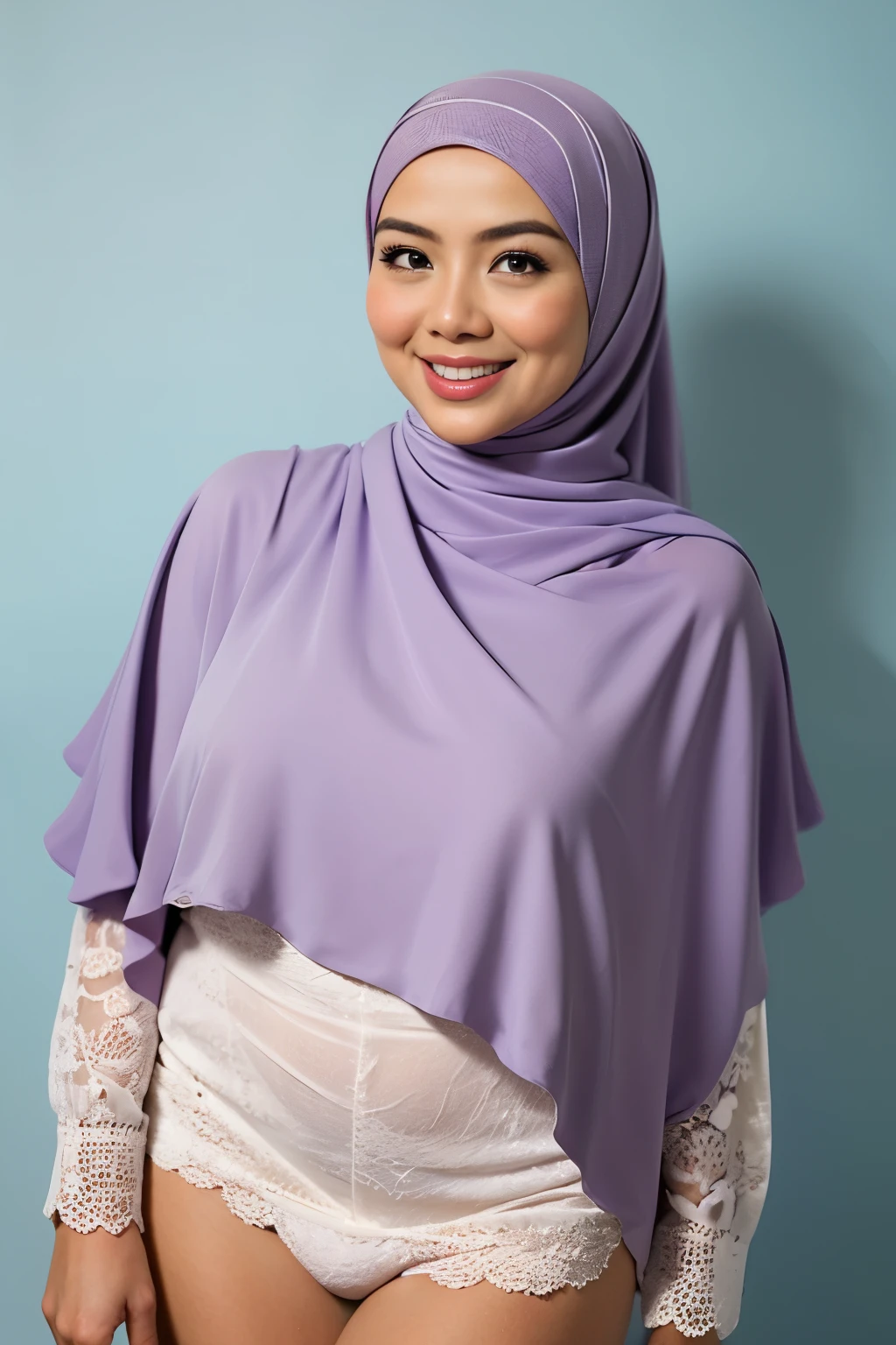 Matured Malay women in hijab wearing sexy satin lace lilac color bra and panties, portrait photography, 35 years old, mid shot photo, ultra detail, professional photograph with professional lighting, smile, light blue studio background, sexy seducing pose, curvy,